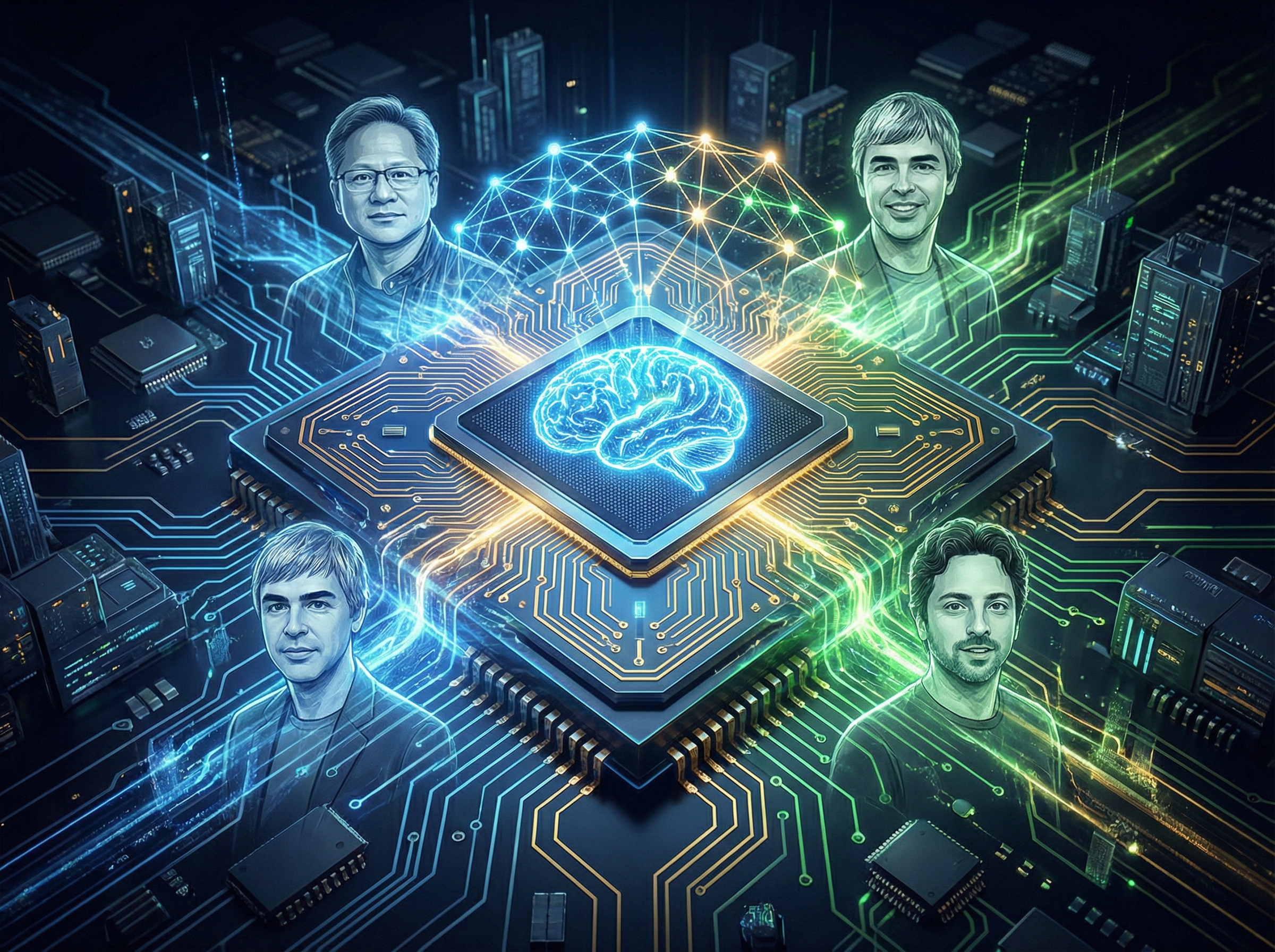 A detailed illustration of a high-performance computer chip with glowing AI-powered circuits, surrounded by subtle representations of Jensen Huang and Google co-founders, set against a dark, technologically advanced background, no text, aspect ratio 4:3