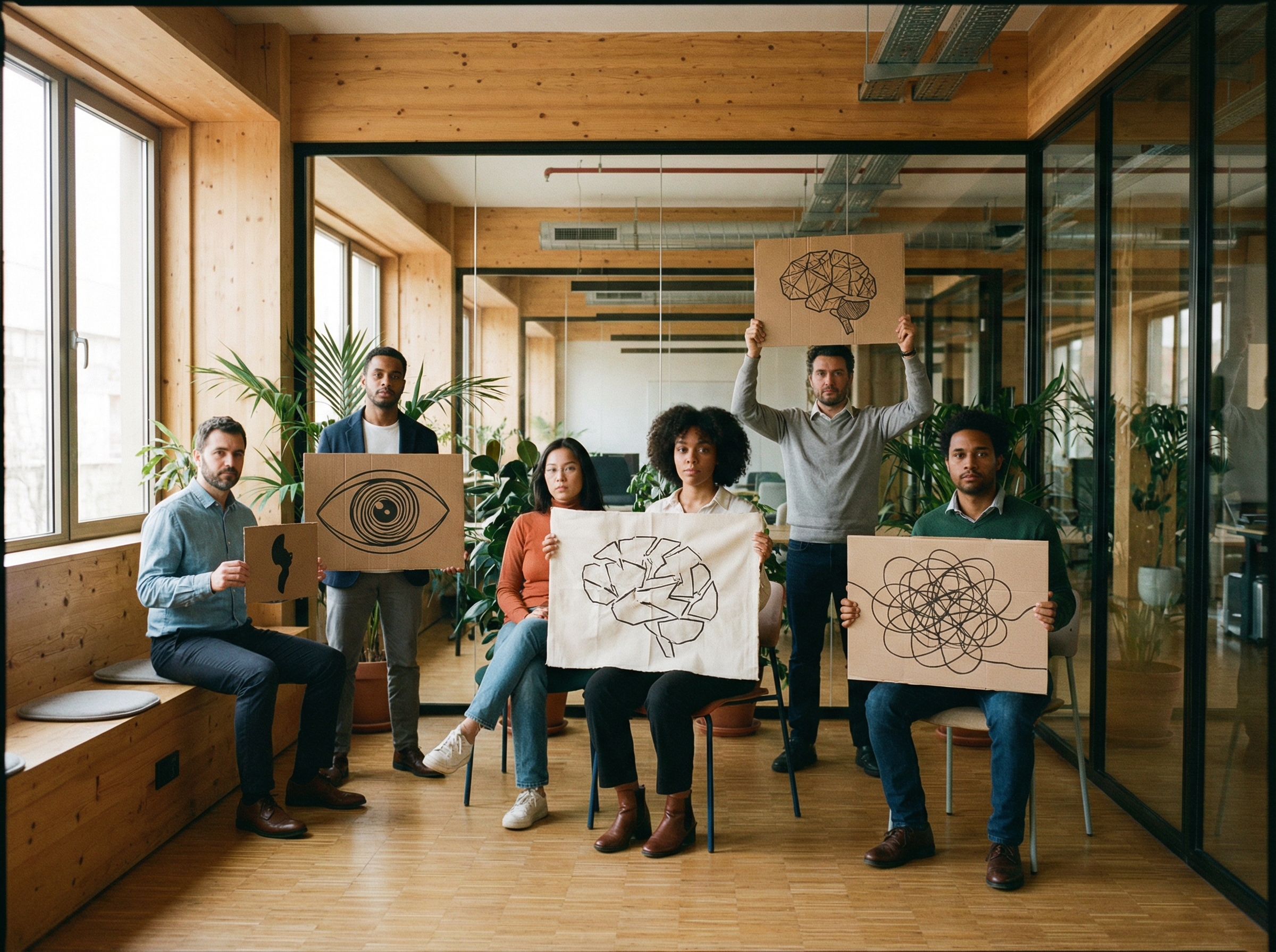 A diverse group of people protesting silently inside a modern tech company office, holding abstract signs representing ethical concerns about technology, lifestyle photography style, warm lighting, no visible text, aspect ratio 4:3.
