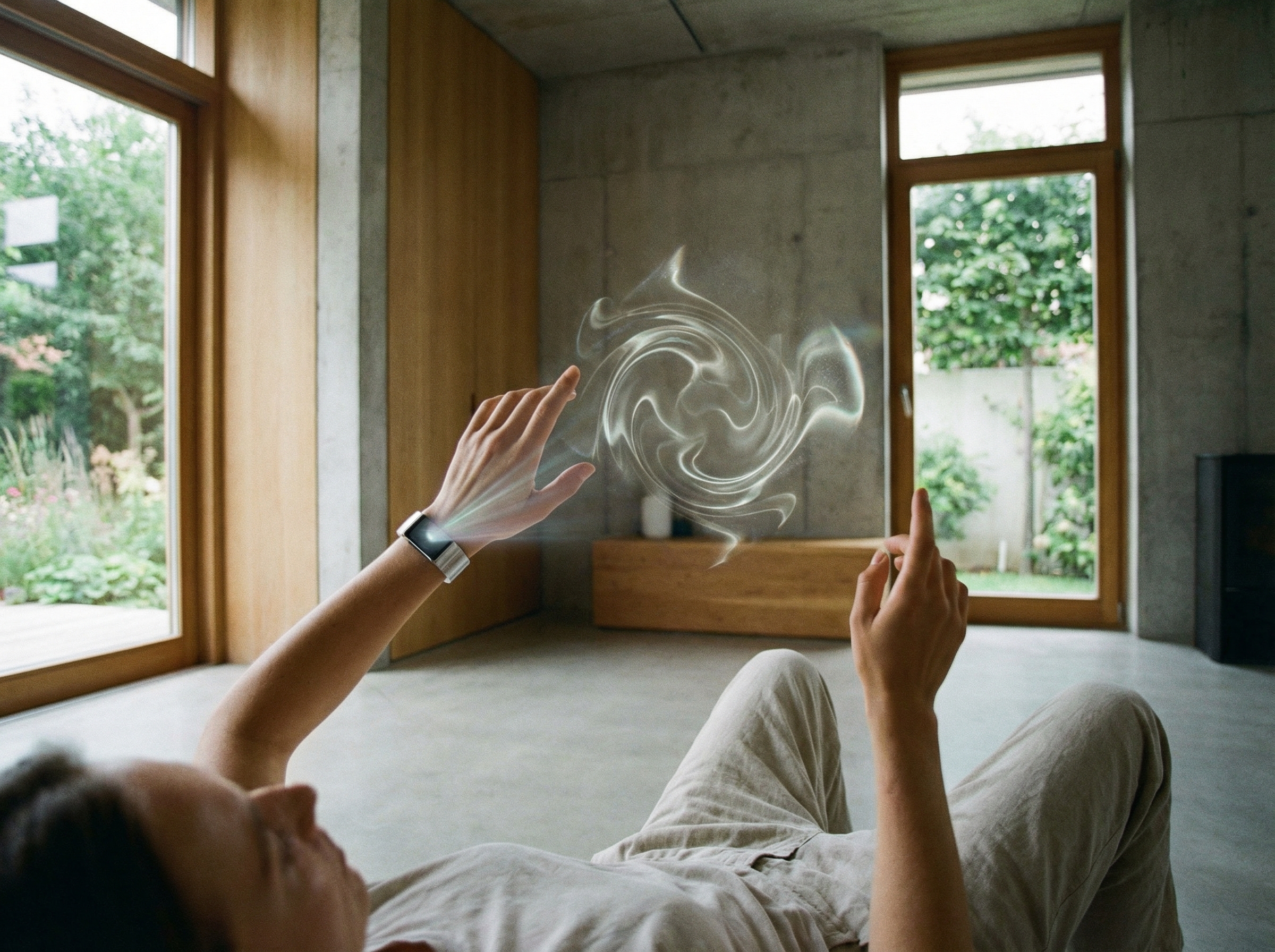 A person interacting with a futuristic, minimal interface that is not a smartphone, perhaps a holographic display or a wearable device, in a modern, clean environment. The focus is on natural, intuitive interaction without a traditional phone. 4:3 aspect ratio, no visible text.