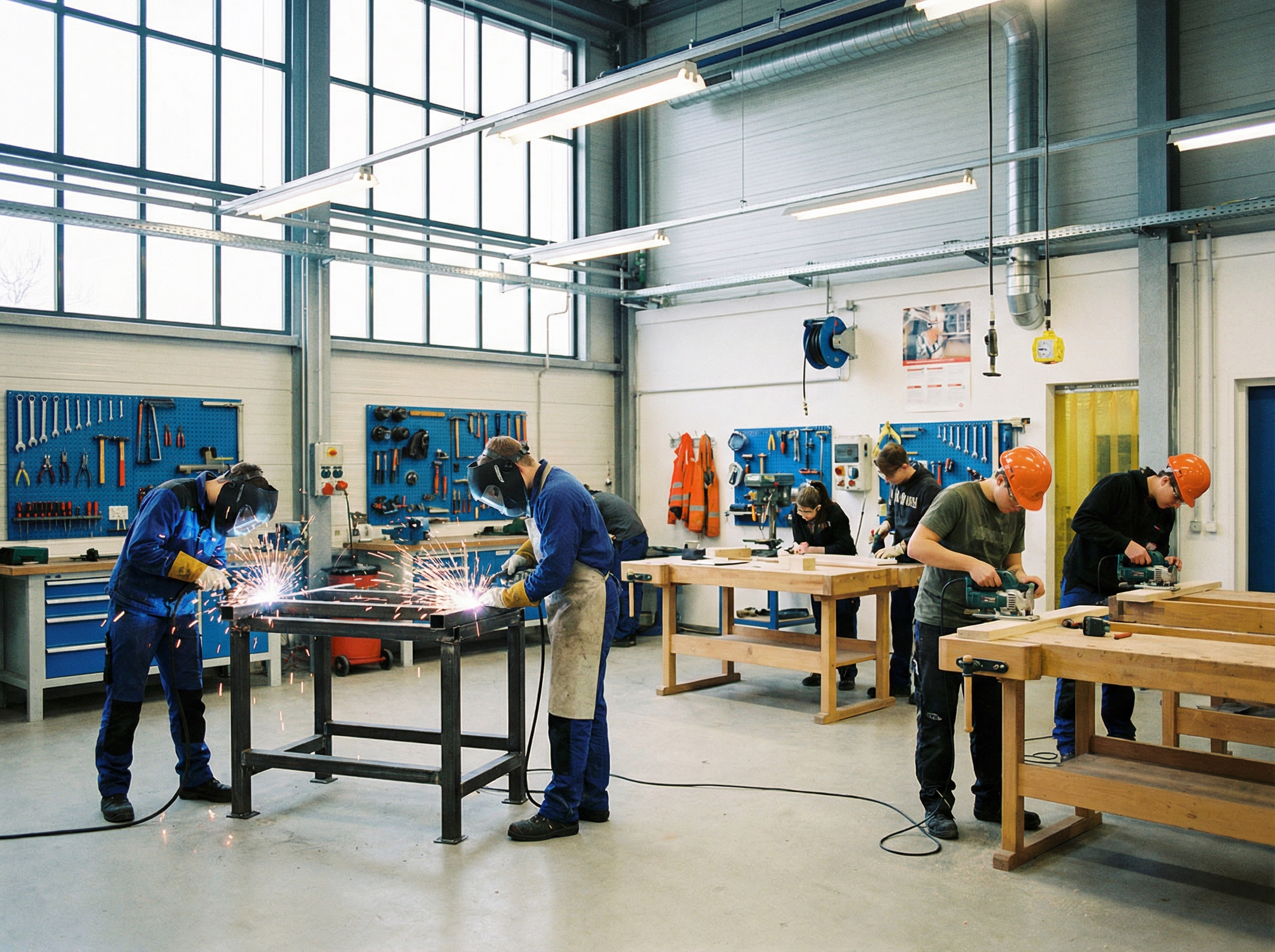Students in a modern vocational training center, learning construction skills like welding or carpentry. Bright, well-lit workshop with tools and safety equipment. Informational style, aspect ratio 4:3, no visible text.