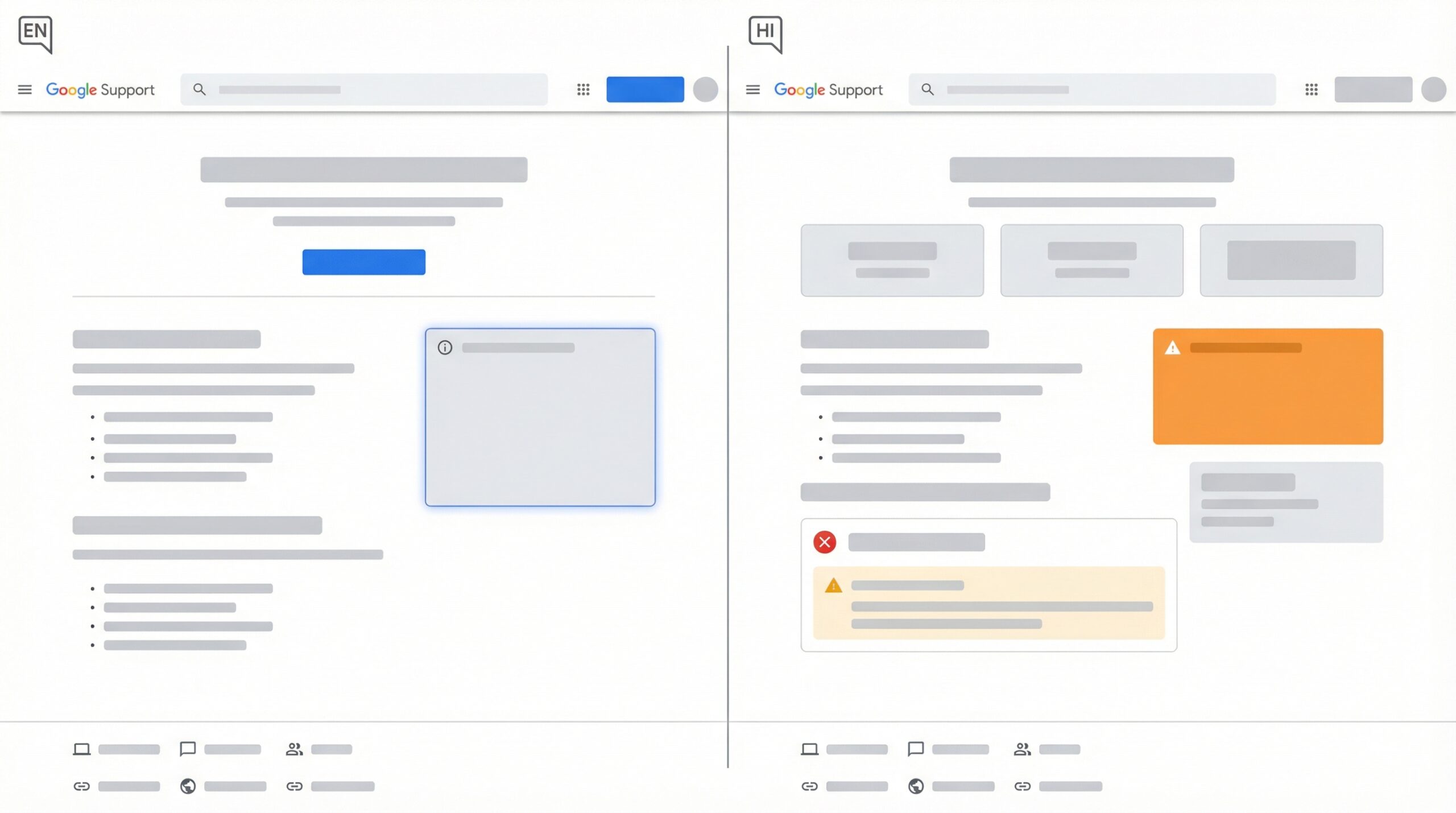 A split screen showing two different language versions of a Google support page, one in English and one in another language (e.g., Hindi), highlighting the difference in information presented. Informational style, modern layout, high contrast, aspect ratio 16:9, no visible text, no Korean text.