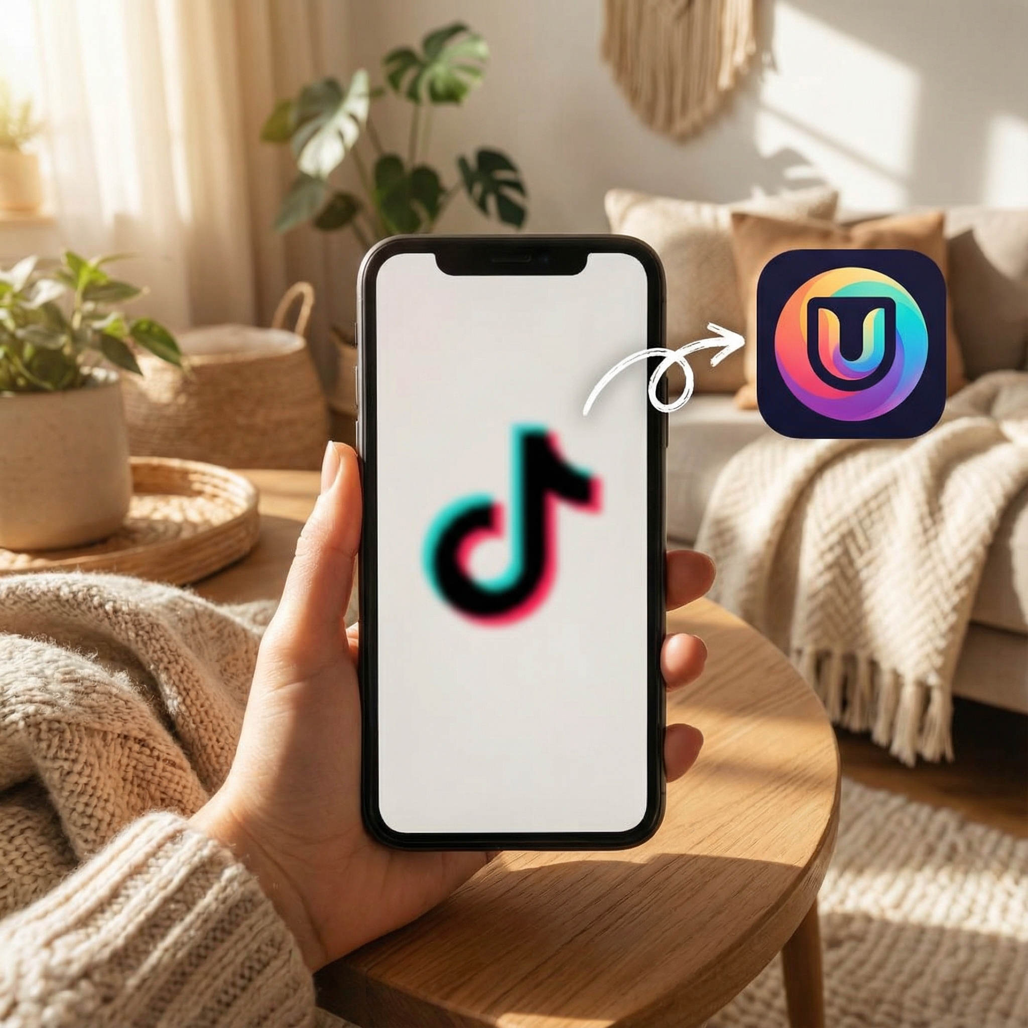 A phone screen displaying a blurred TikTok logo with an arrow pointing to a new, generic app icon, symbolizing a transition for US users. Lifestyle photography, warm lighting, natural setting, no visible text, aspect ratio 1:1.