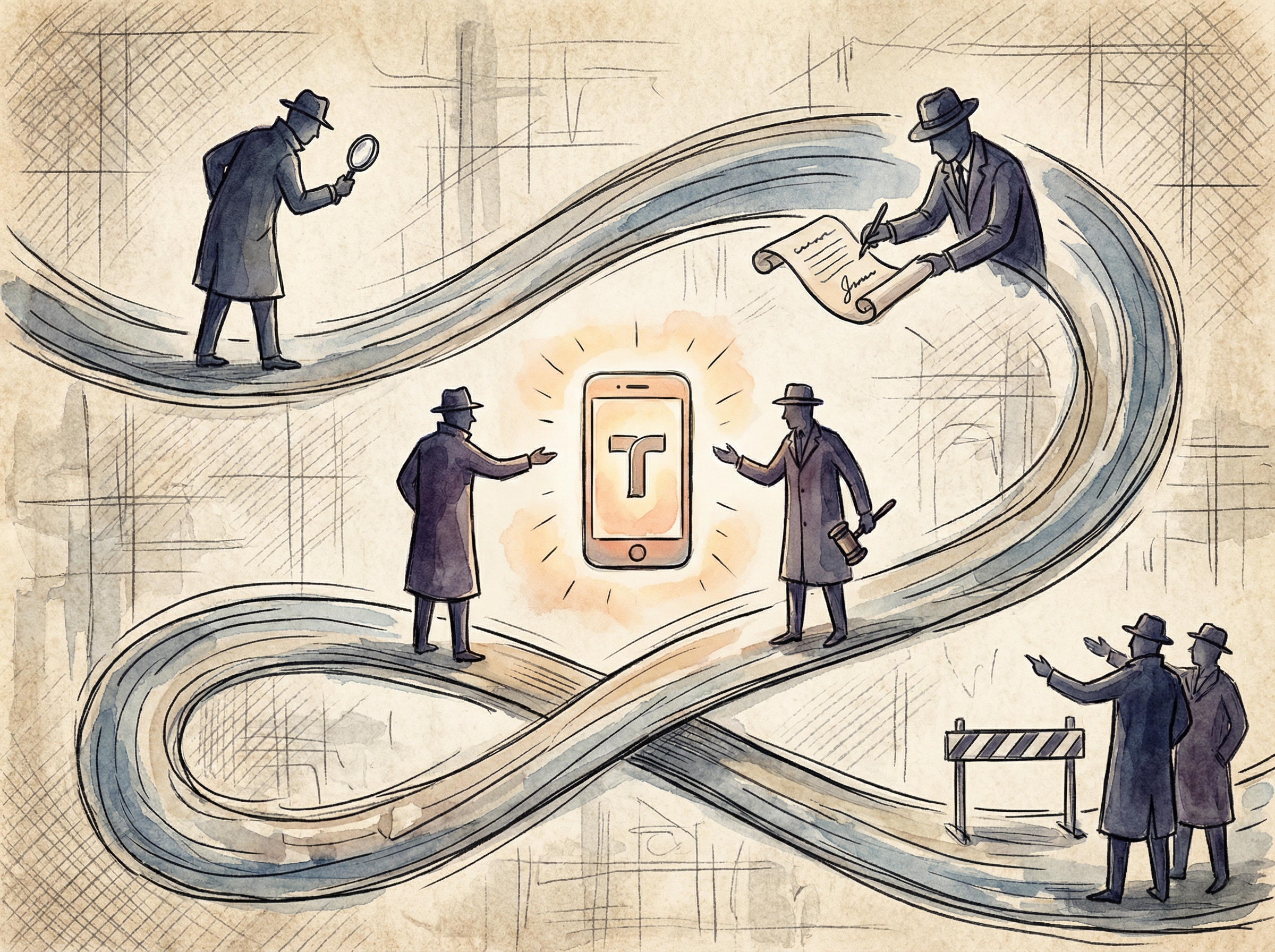 An illustration depicting a timeline with key events related to US government actions against TikTok, showing abstract government figures and a phone icon. Illustration, artistic rendering, textured background, no visible text, aspect ratio 4:3.