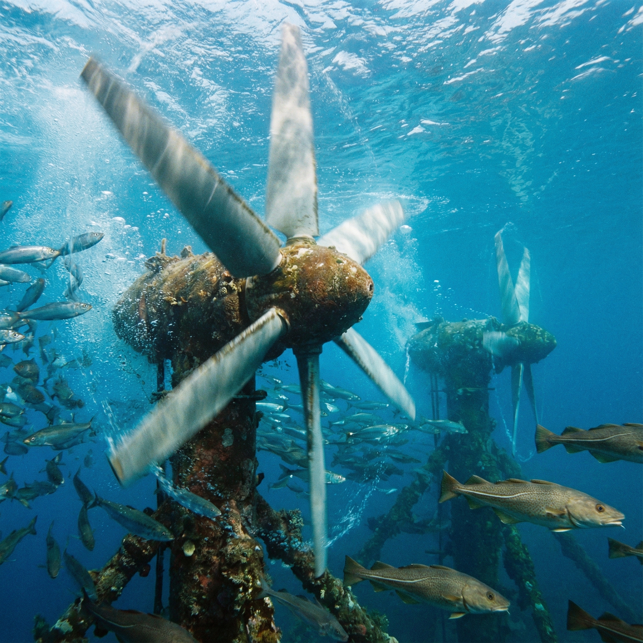 Dynamic shot of underwater turbines spinning to generate clean energy from tidal currents, with clear blue ocean water and schools of fish swimming around. Aspect ratio 1:1, no visible text.