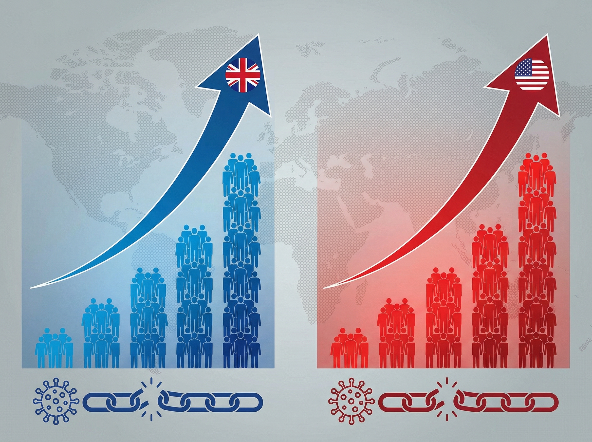An infographic illustrating rising unemployment rates in the UK and US post-Covid recovery. Use upward-pointing graphs or bar charts with human silhouettes, against a contrasting background. Focus on a clean, informational style with a blue and red color scheme. No visible text. Aspect ratio 4:3.