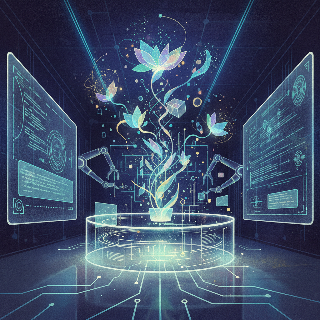 A modern illustration of an AI laboratory environment with abstract representations of data processing and creative output, suggesting innovation and advanced features. Artistic rendering, textured background, no text.