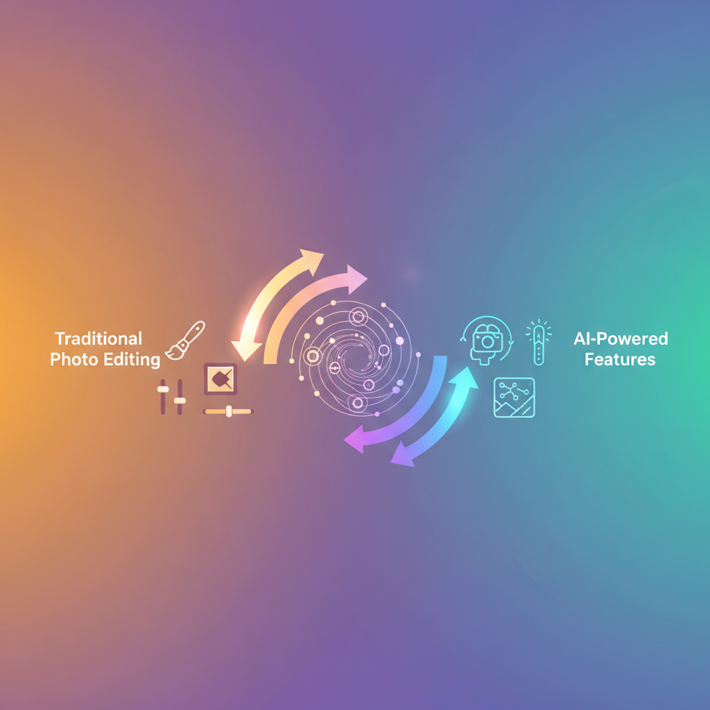 A dynamic clean infographic representing a transition from traditional photo editing to AI-powered features, with arrows indicating growth and change. Warm lighting, vibrant colored background, no text.