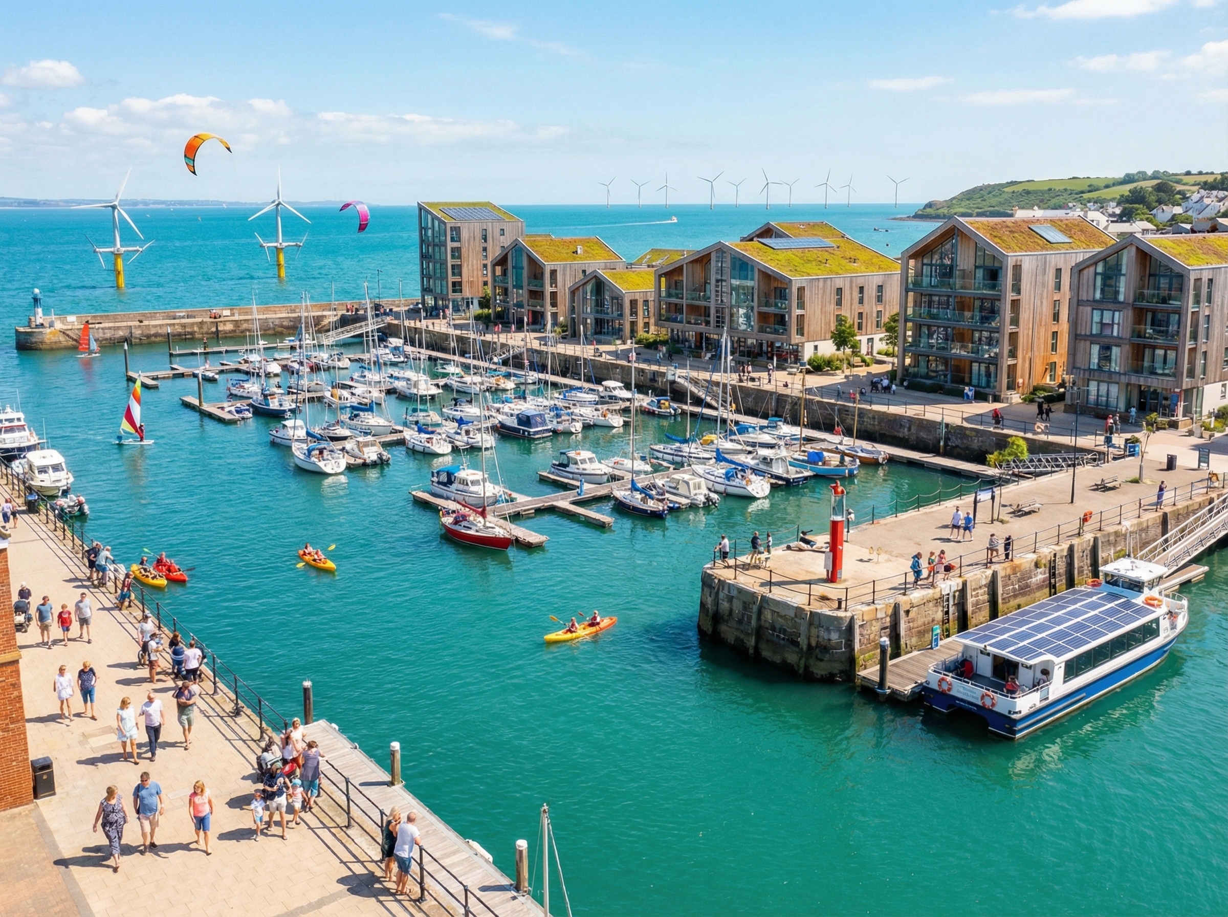 A vibrant coastal town with a bustling marina, happy people enjoying water sports, and modern architecture powered by nearby renewable energy sources like offshore tidal power. Aspect ratio 4:3, no visible text.