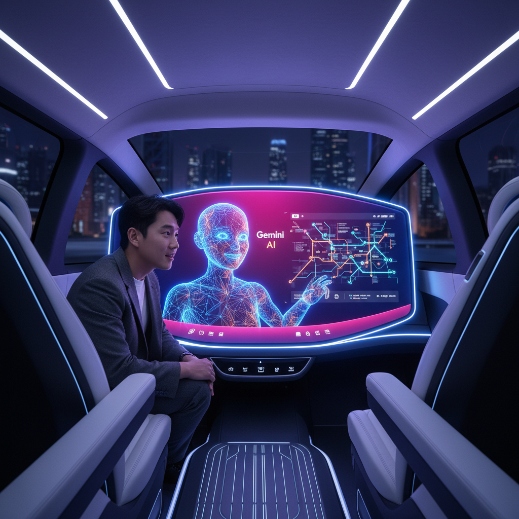A futuristic Waymo robotaxi interior, a friendly and helpful Gemini AI assistant interacting with a Korean passenger on an in-car screen, clean infographic, modern layout, high contrast, vibrant colored background, centered focus, no visible text in image