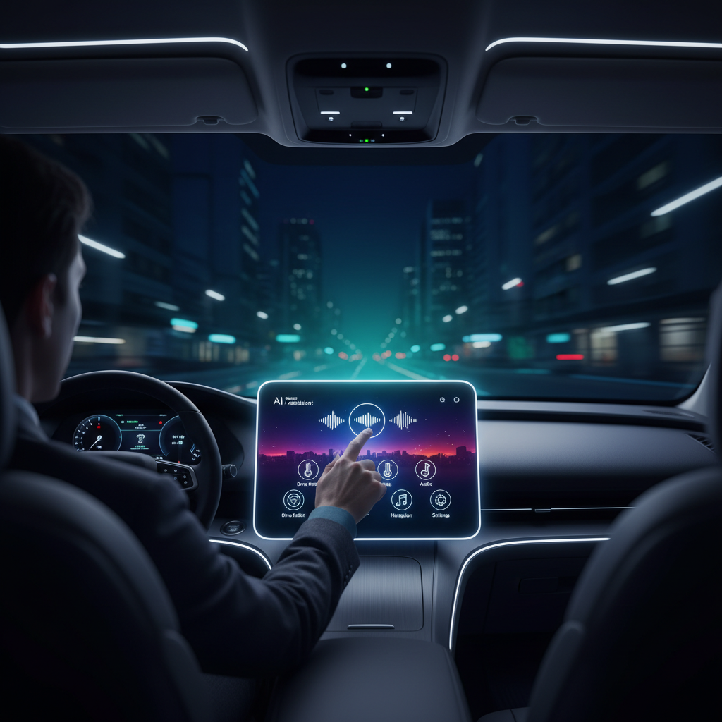 A scene inside a Waymo robotaxi, AI assistant responding to a passenger's query, various in-car control function icons visible, clean infographic, modern layout, high contrast, rich gradient background, centered focus, no visible text in image