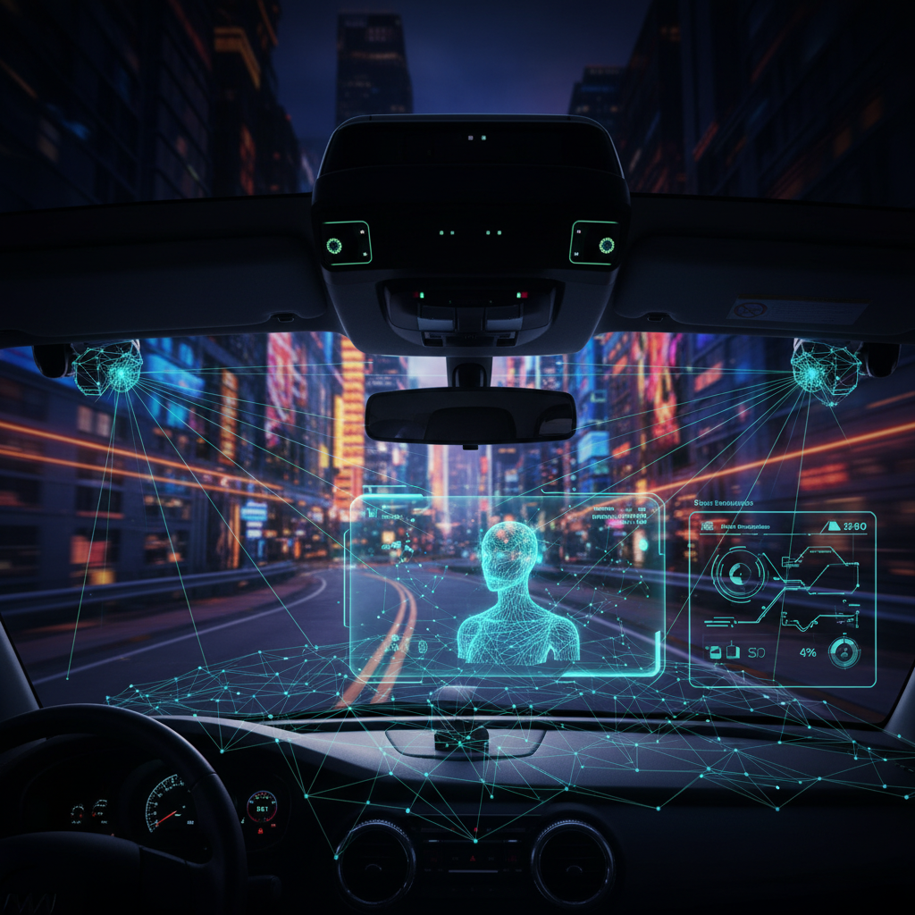 Realistic depiction of Waymo robotaxi sensors detecting the road, modern interface showing AI assistant analyzing data, clean infographic, high contrast, vibrant textured background, centered focus, no visible text in image