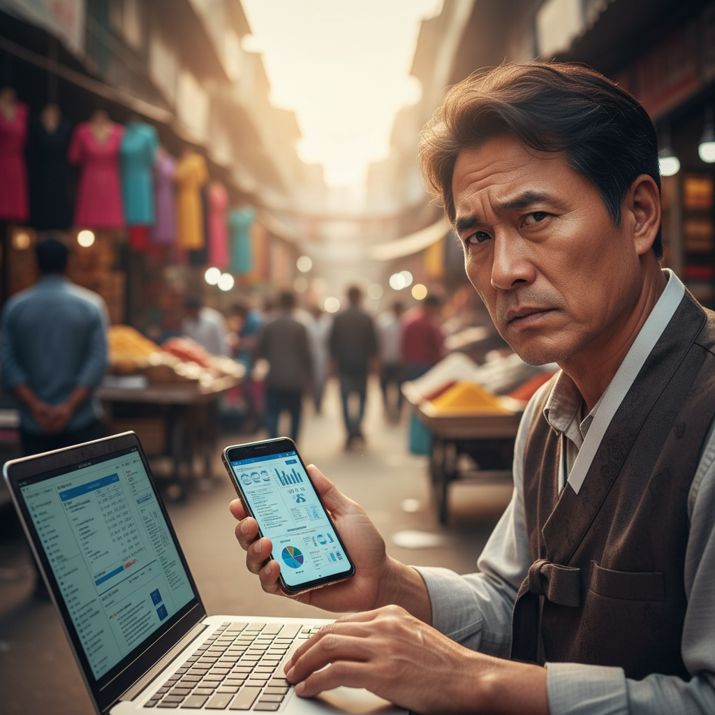 A cinematic close-up shot of a bewildered Korean small business owner looking at their phone and laptop, reflecting the confusion caused by new regulations. The background shows a bustling Indian street market or small shop. Natural, diffused lighting, no visible text. Korean appearance.