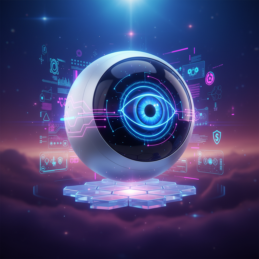 An innovative technology image showing the Orb Mini device for World ID authentication, with a detailed composition, futuristic style, colored background, no text