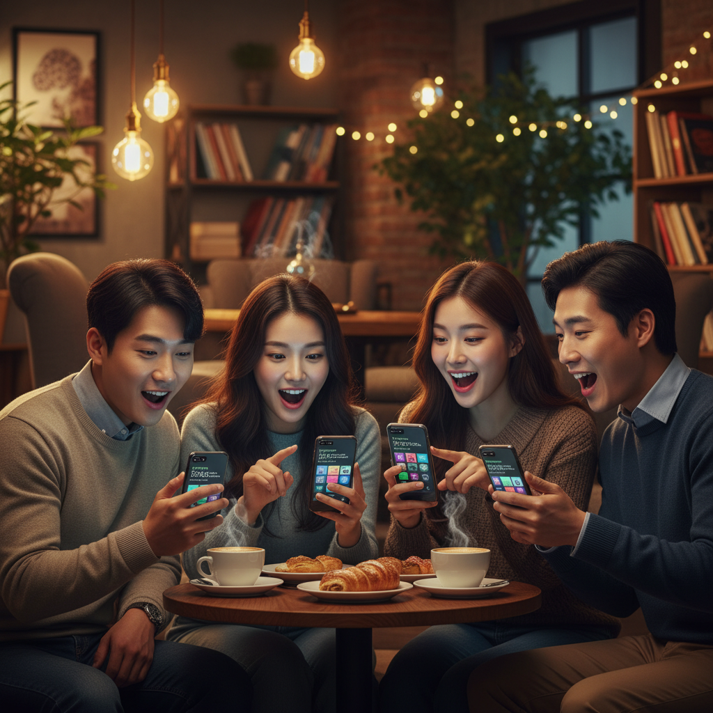 A group of Korean friends gathered, looking at their phone screens with Spotify Wrapped statistics displayed. Their faces show surprise and delight. Background: cozy cafe setting with warm lighting. Style: lifestyle photography, warm lighting, natural setting. No text.