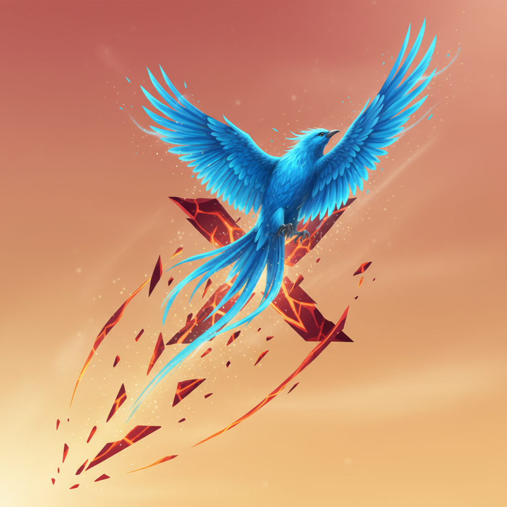 A vibrant blue bird breaking free from a stylized 'X' symbol, soaring upwards with energy, dynamic composition, warm gradient background, no text