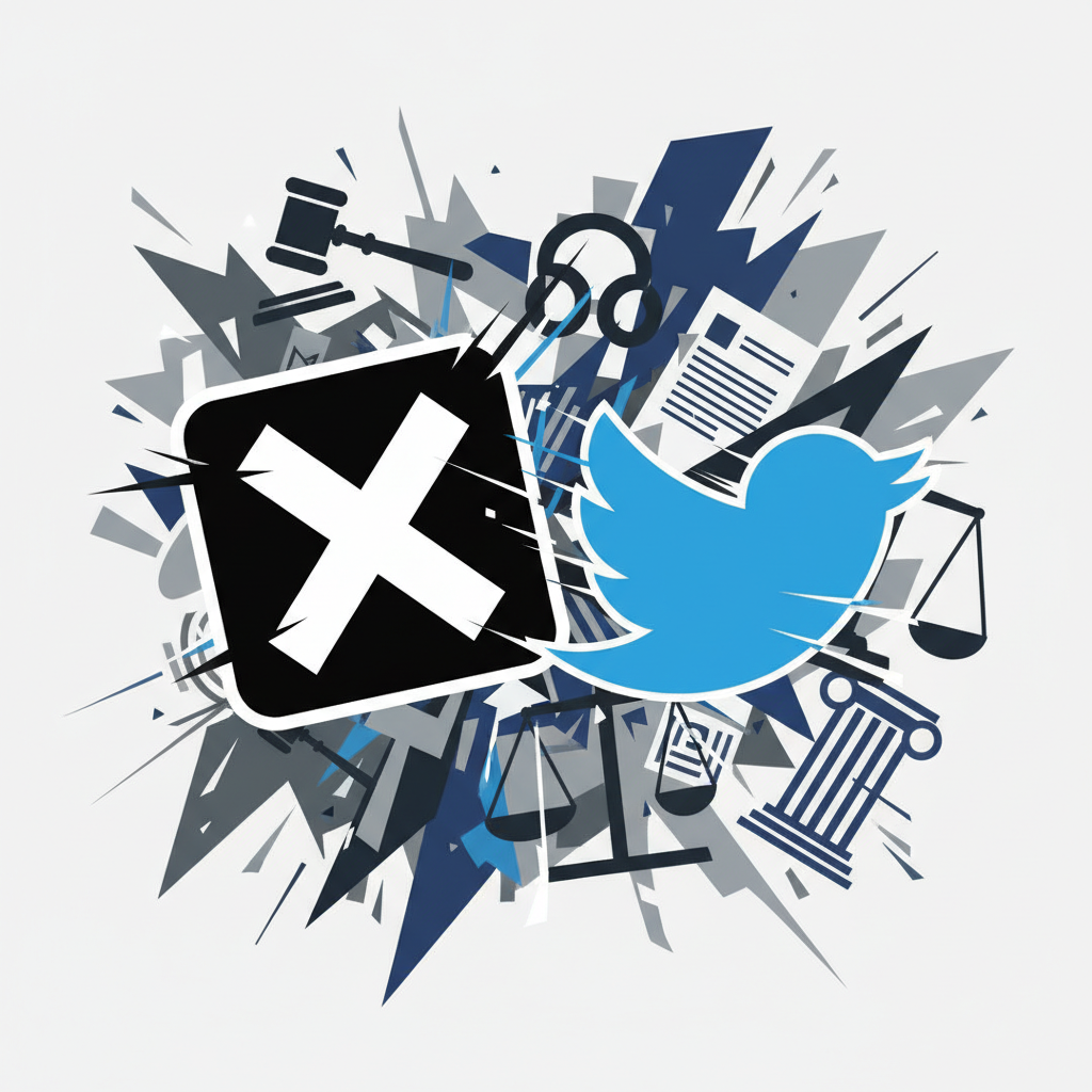 Two distinct social media logos, X and Twitter's blue bird, facing each other in a dynamic, conflicting stance, with abstract legal elements in the background, modern layout, high contrast, no text