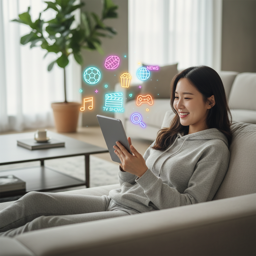 A person happily watching TV on a tablet, surrounded by various genre icons like sports, news, and movies, showing streaming flexibility. Bright, balanced lighting, modern living room background, Korean appearance, no text.