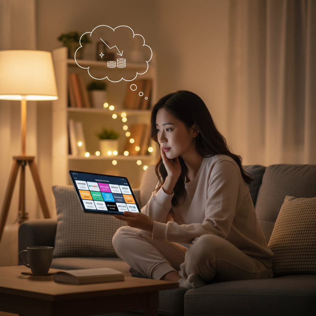 A Korean person looking at a digital screen showing various streaming plan options, comparing prices, with a thought bubble of 'cost saving'. Lifestyle photography, warm lighting, cozy home setting, no text.