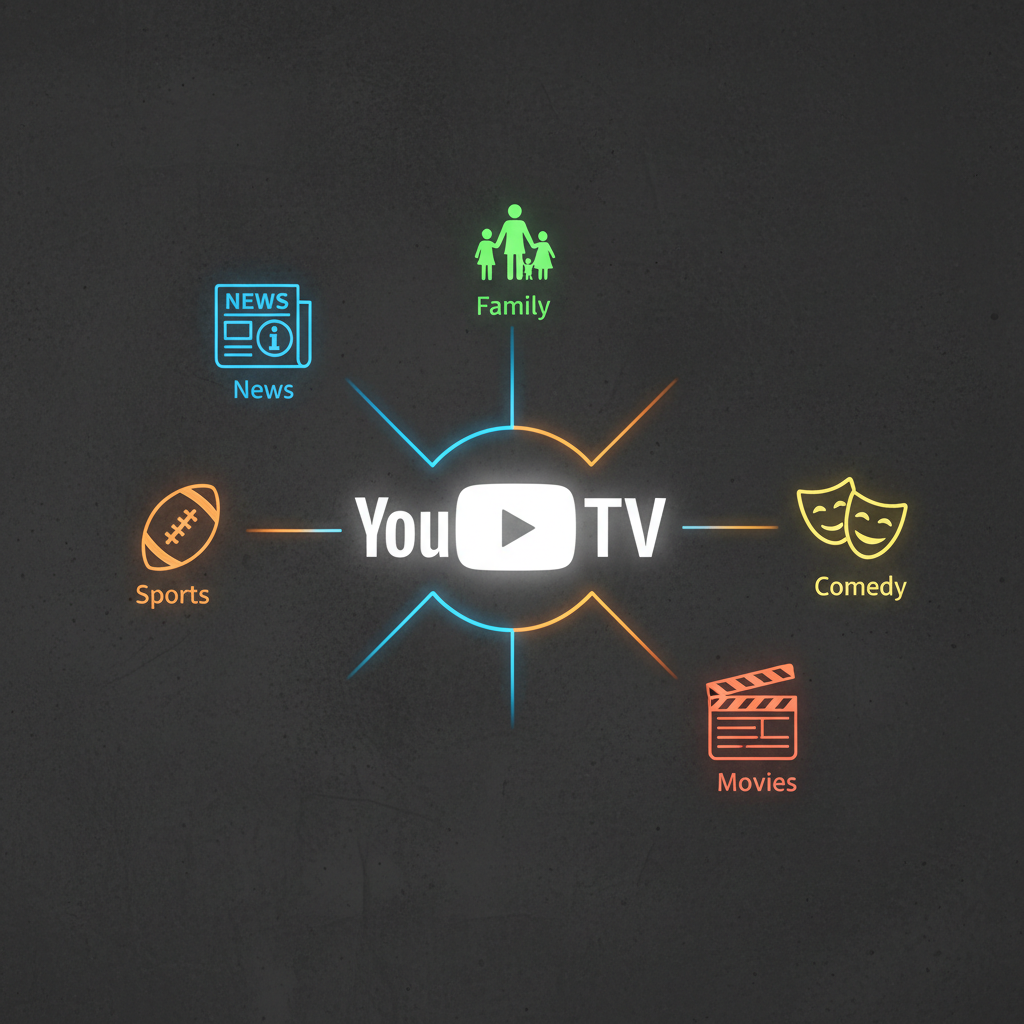 A clean infographic showing different TV genre icons (e.g., a football for sports, a newspaper for news, a family silhouette for family content) branching out from a central YouTube TV logo, illustrating diversified packages. Modern layout, high contrast, textured background, no text.