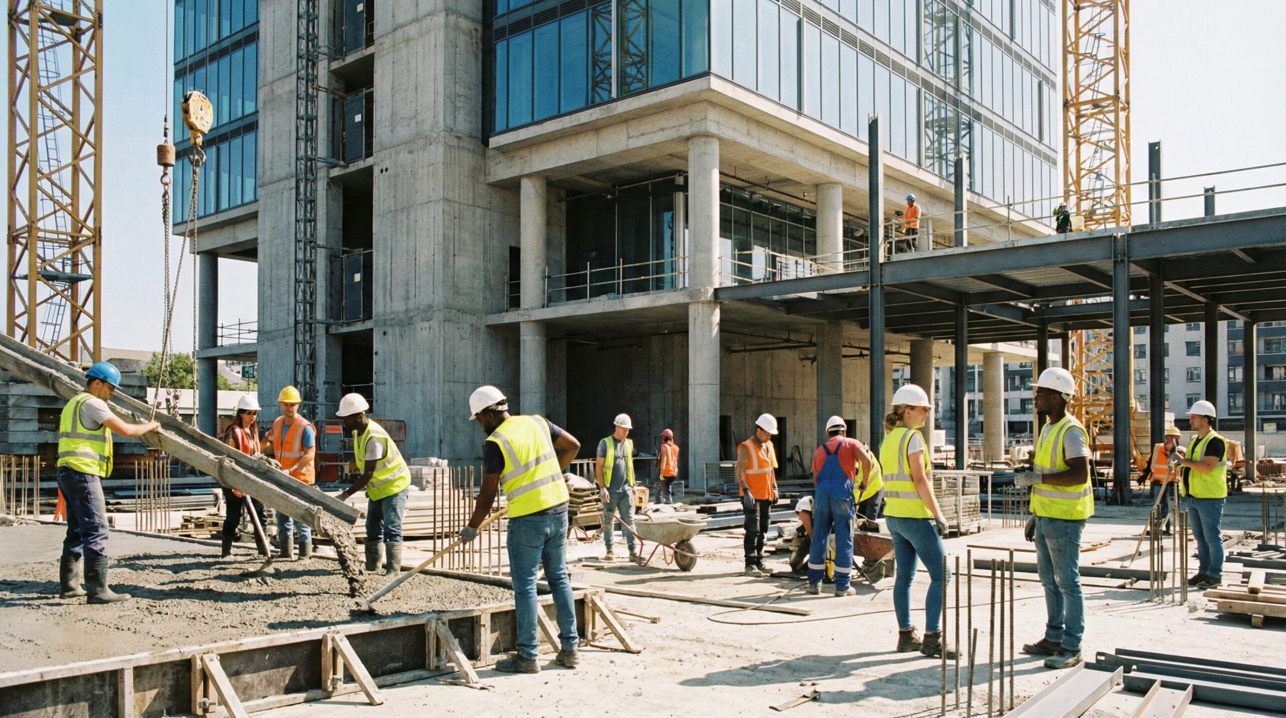 Group of young, diverse construction workers wearing hard hats and safety vests, actively working on a modern building site. Bright, sunny day, realistic style, aspect ratio 16:9, no visible text.