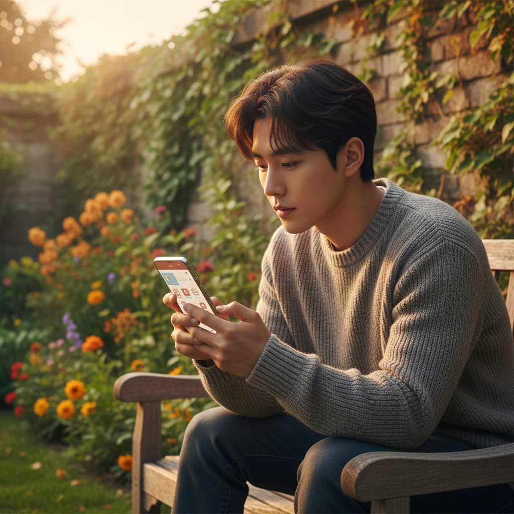 A Korean person looking at a smartphone screen displaying a concise daily summary email ('Your Day Ahead'), natural setting, warm lighting, textured background, no text, 4:3 aspect ratio