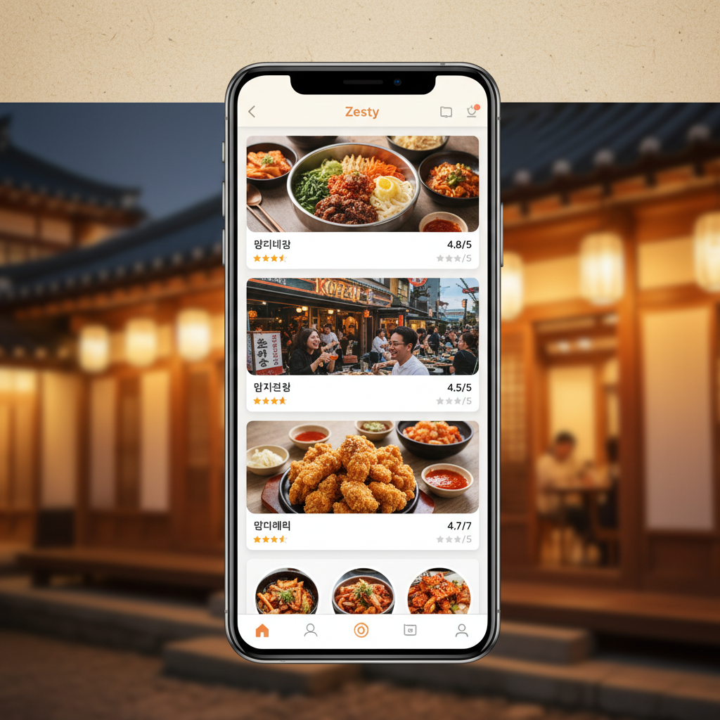 A clean and modern Zesty app interface displaying personalized restaurant recommendations with various food images and ratings, lifestyle photography, warm lighting, textured background, Korean setting, no text, 1:1