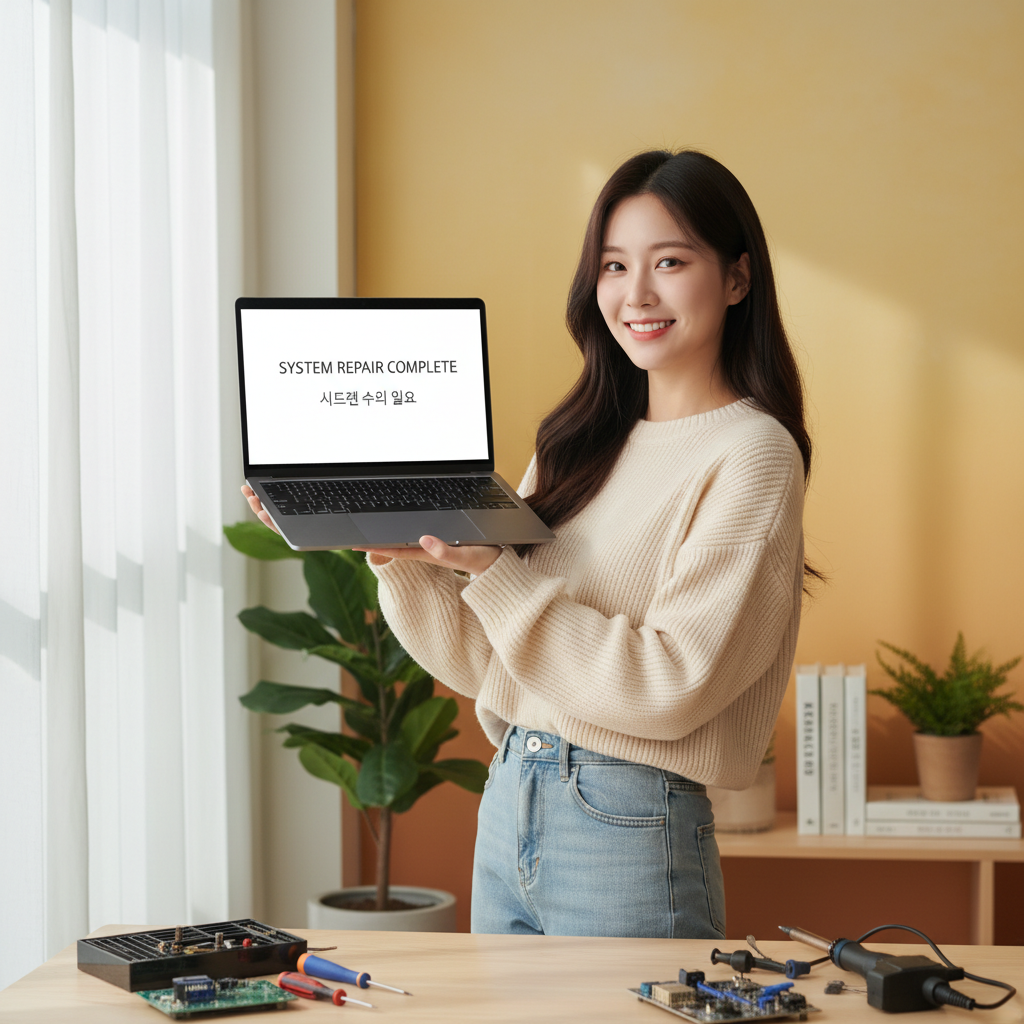 A person with a natural, confident smile, holding a successfully repaired electronic device like a laptop or phone. The setting is a bright, positive domestic environment, showing empowerment and satisfaction. Warm, balanced lighting, colored background, no text. Korean appearance.