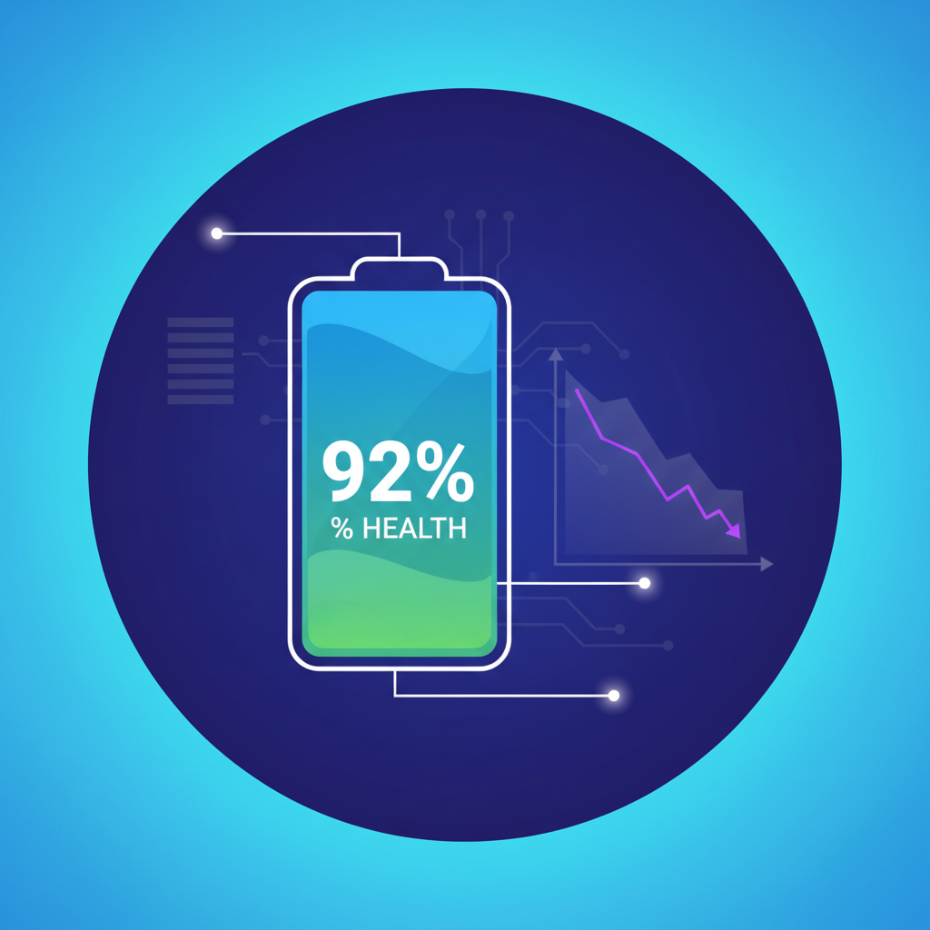 Clean infographic illustrating a smartphone battery icon with a health percentage displayed prominently. A small, simple predictive graph shows future battery degradation. Modern layout, high contrast colors on a gradient background, no text or numbers on graph, visually rich.