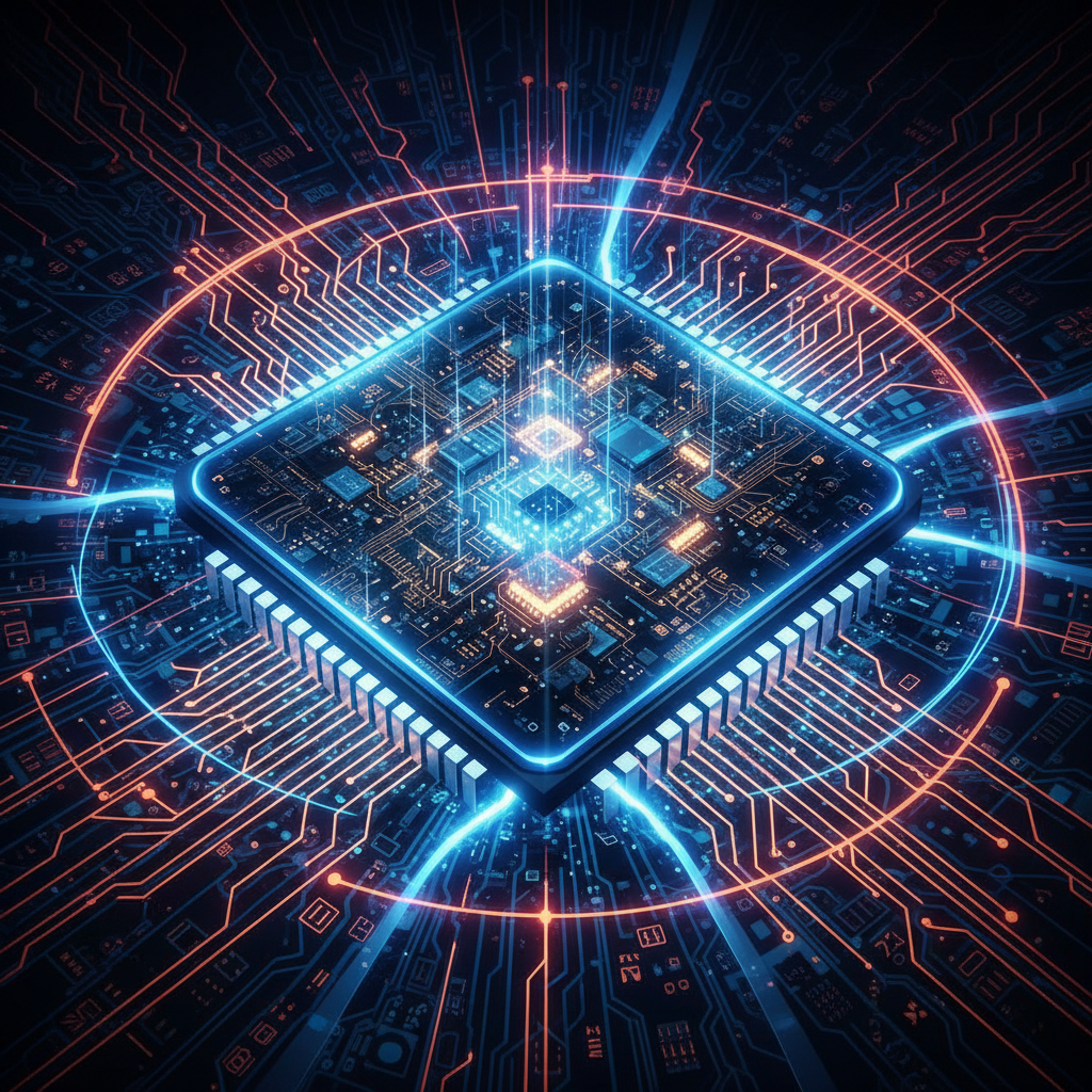 An intricate and detailed illustration of a powerful M5 Max chip with glowing circuits, symbolizing advanced technology and high performance, abstract background with circuit patterns, high contrast, no text, 1:1 aspect ratio
