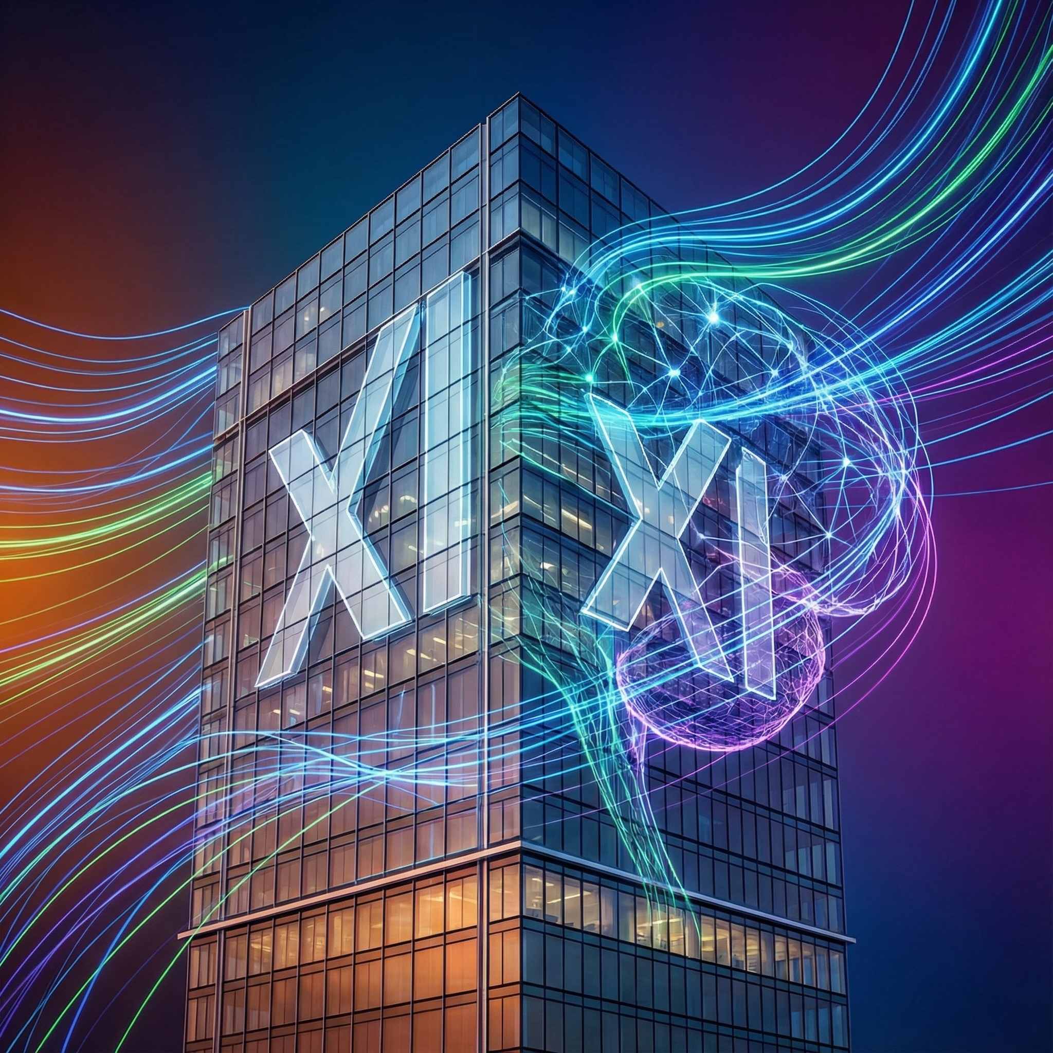 A sleek, modern building with the xAI logo subtly integrated, surrounded by futuristic glowing lines representing data and AI computation. The overall style is informational and high contrast, with a colored background. 1:1 aspect ratio, no visible text.