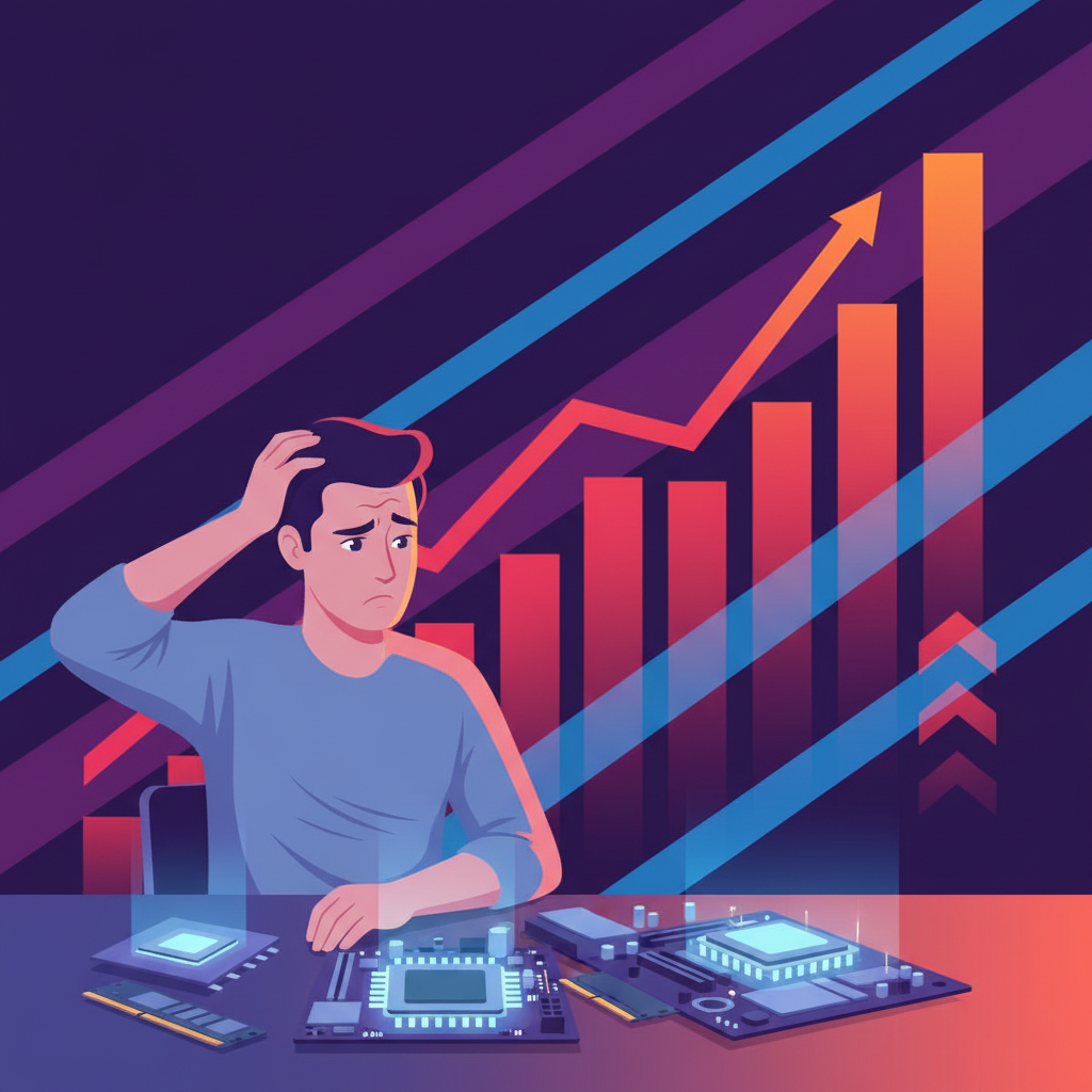 A confused person looking at computer components with rising price graphs in the background, clean infographic, modern layout, high contrast, colored background, no text