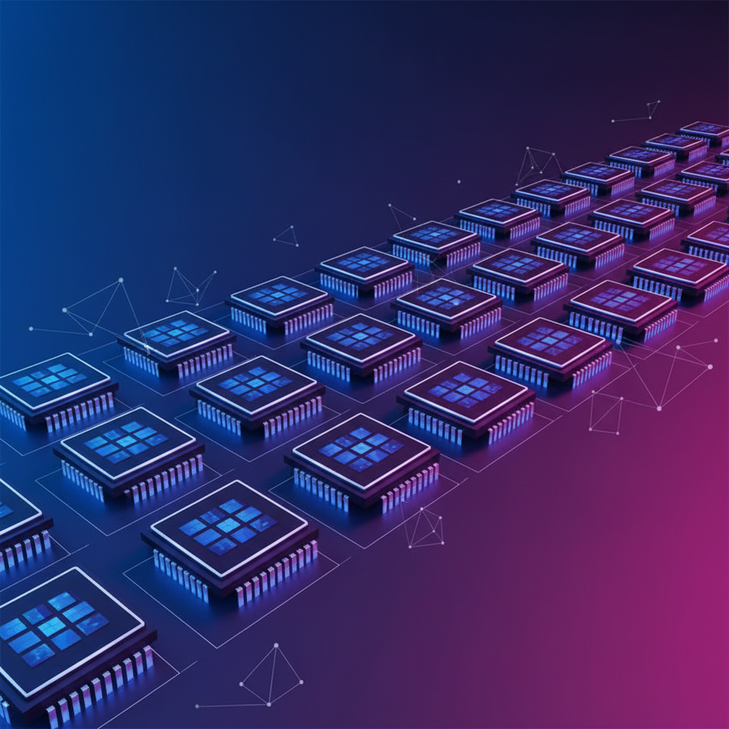 Rows of GPU chips stacked in a virtual data center, clean infographic, modern layout, high contrast, gradient background, no text
