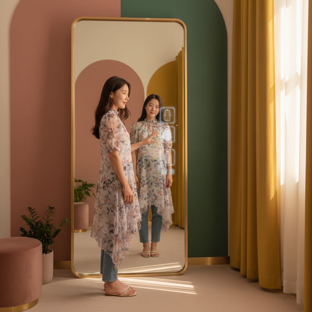 A Korean woman seeing herself in front of a mirror, virtually dressed in clothes, in a fitting room setting of a clothing store, lifestyle photography, warm lighting, natural setting, colored background, no text