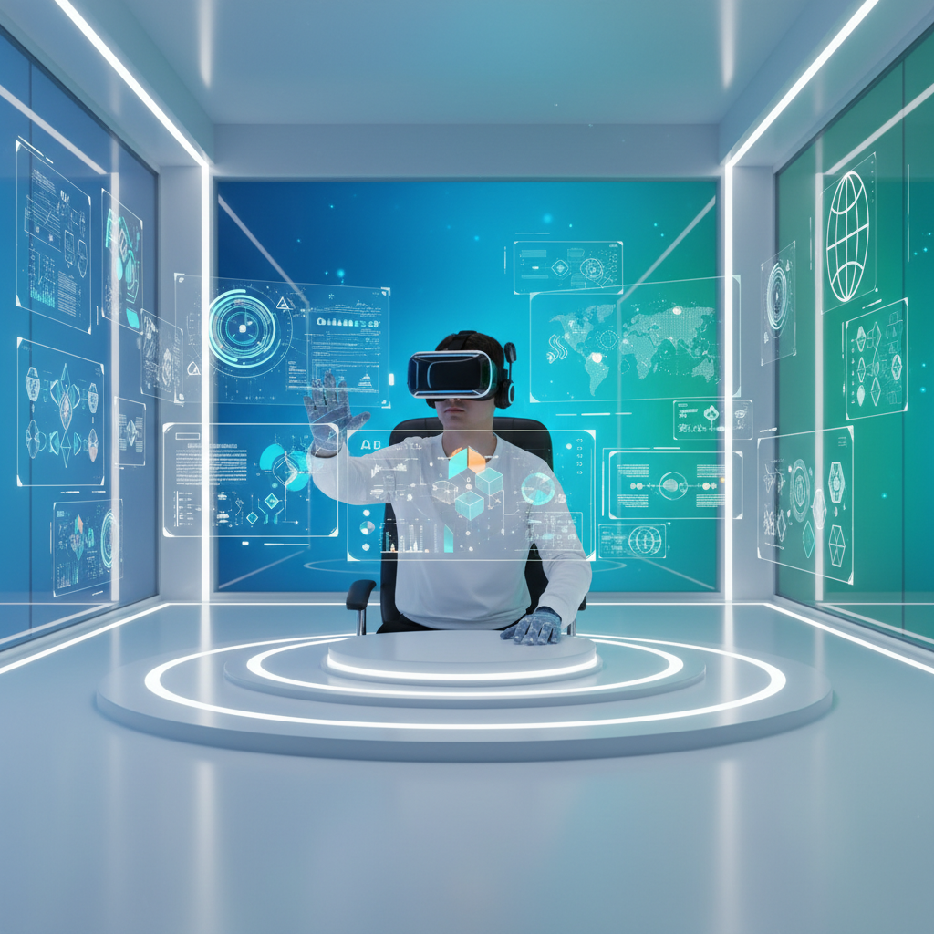Realistic depiction of a user wearing a sleek VR headset in a futuristic, clean infographic design studio. They are interacting with AI-generated holographic designs floating in the air. The scene emphasizes creativity and advanced technology. Style: clean infographic, modern layout, high contrast. The background is a subtle blend of digital blue and green. No visible text, centered focus, visually rich, no empty margins, bright, balanced lighting.