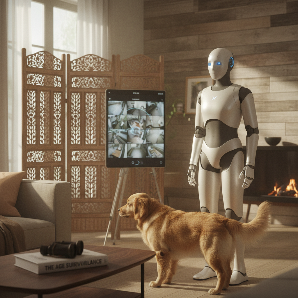 A lifestyle photography scene of a 1X Neo humanoid robot in a home, with subtle visual cues representing privacy concerns and a cautious interaction with a pet, warm lighting, natural setting, textured background, no text