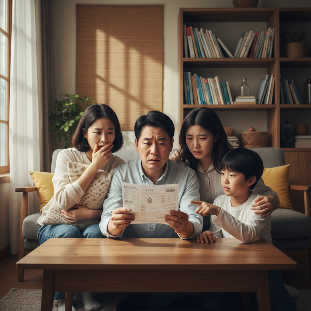 A Korean family in a living room looking at an electricity bill with worried expressions, lifestyle photography, warm lighting, natural setting, textured background, no text