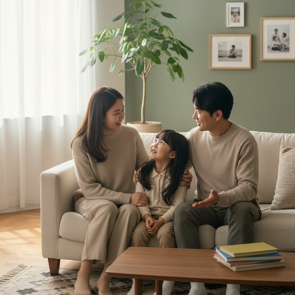 A vibrant scene of a Korean family (mother, father, and child) engaging in a warm, supportive conversation in a cozy home environment. Soft, natural lighting filters in from a window, highlighting their genuine expressions. The background is a subtly textured living room wall. Aspect Ratio: 4:3