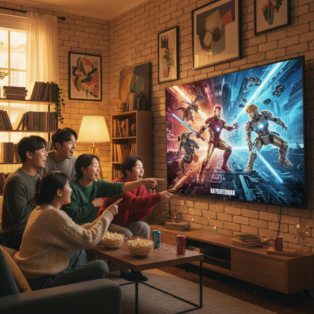 A group of friends excitedly watching a screen that displays a vibrant, action-packed but clearly AI-generated movie trailer, with elements hinting at popular IPs, cozy living room setting, warm lighting, textured background, no text, Korean appearance, 4:3 aspect ratio
