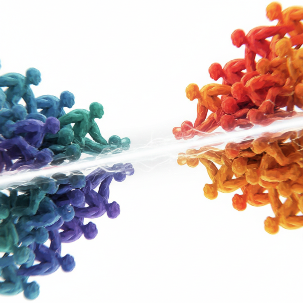 Two groups of people facing each other with conflicting opinions, represented by blurred, abstract forms, a clear divide in the middle, symbolizing social polarization due to fake news, dynamic composition, warm and cool color contrast, no visible text