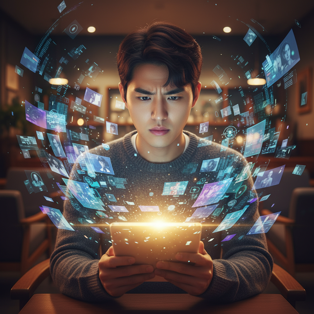 A Korean person thoughtfully looking at a tablet, surrounded by information overload, but with a clear, focused expression, symbolizing critical thinking and media literacy in the age of deepfakes, warm lighting, cozy cafe setting, no visible text