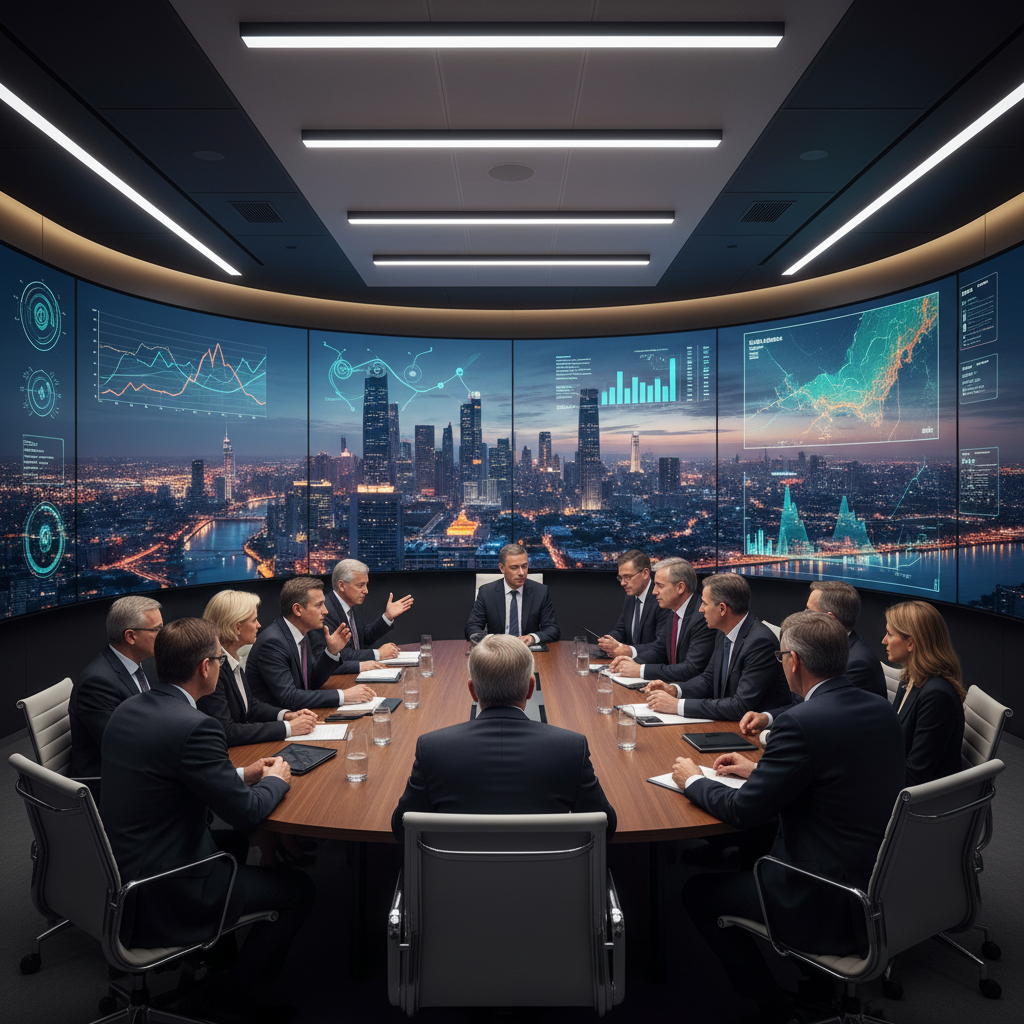 modern conference room, diverse group of government officials, screens displaying data, rich background, no text