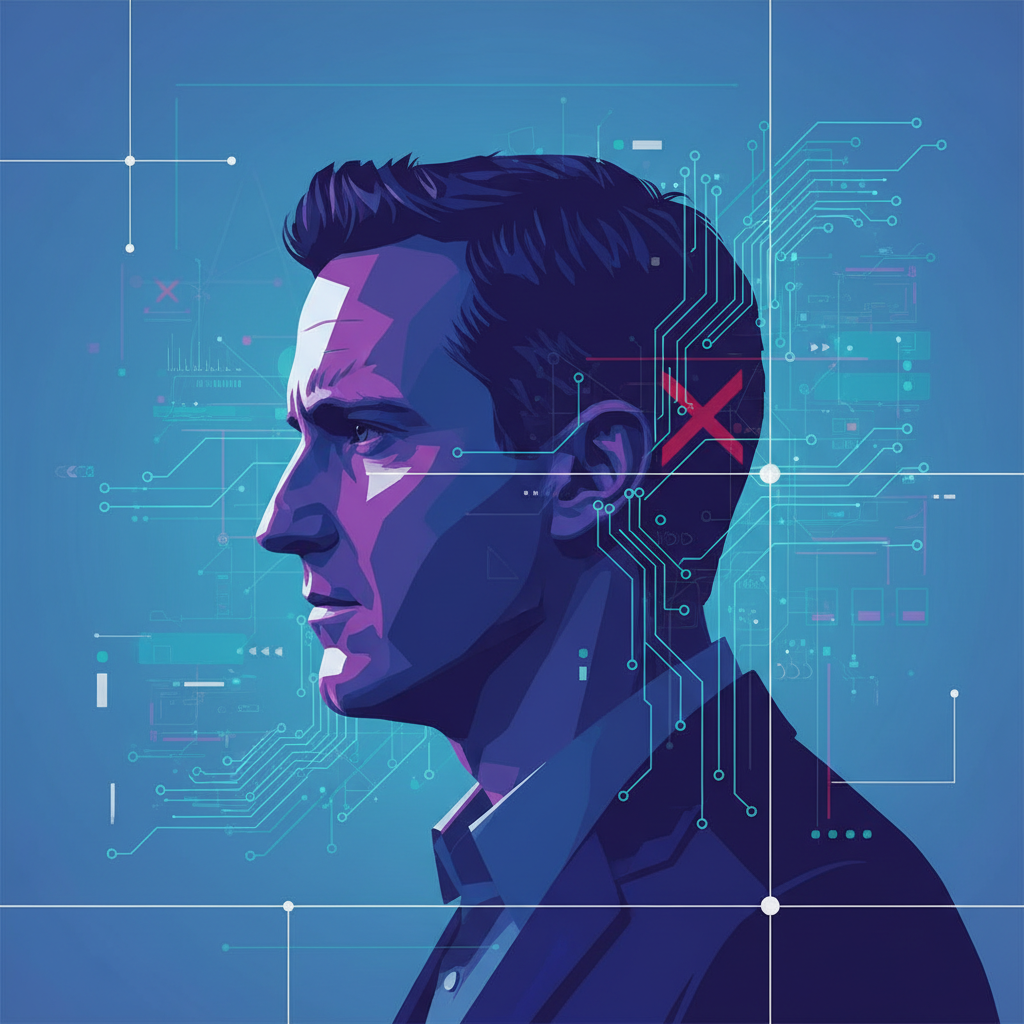 A thought-provoking illustration of James Cameron's profile with a subtle, futuristic AI interface background, representing his cautionary stance on generative AI. Style: clean infographic, modern layout, high contrast. No text.