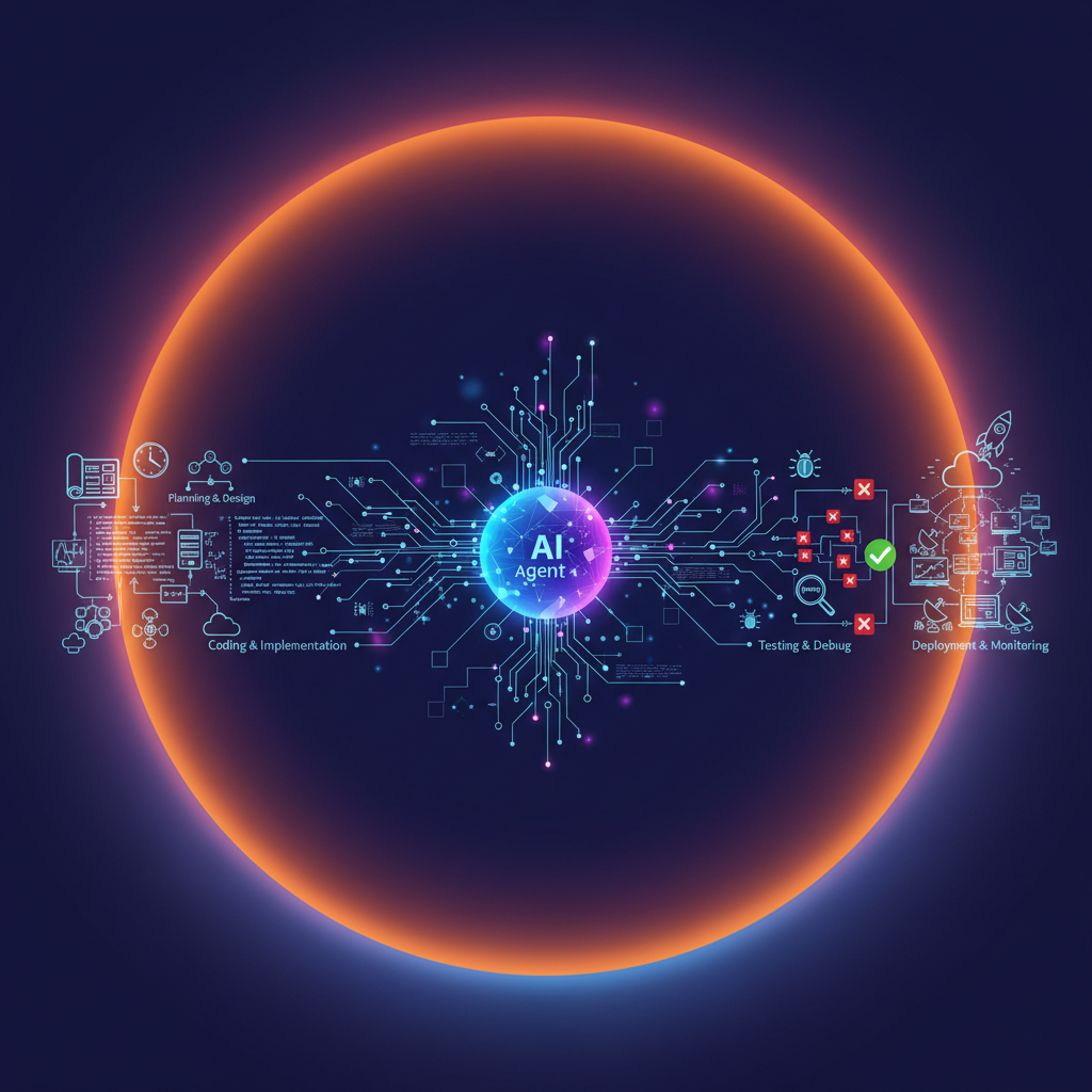 An artistic rendering of a complex software development workflow being orchestrated by an AI agent, conceptual illustration, high contrast, gradient background, no text