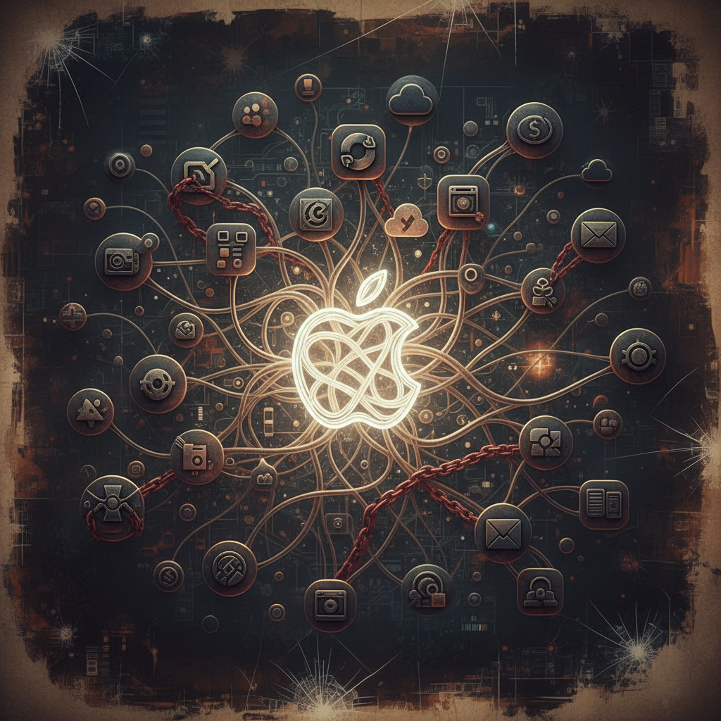 A visual metaphor of interconnected apps and companies, symbolizing financial liabilities and Apple's reach across related entities, artistic rendering, textured background, no text