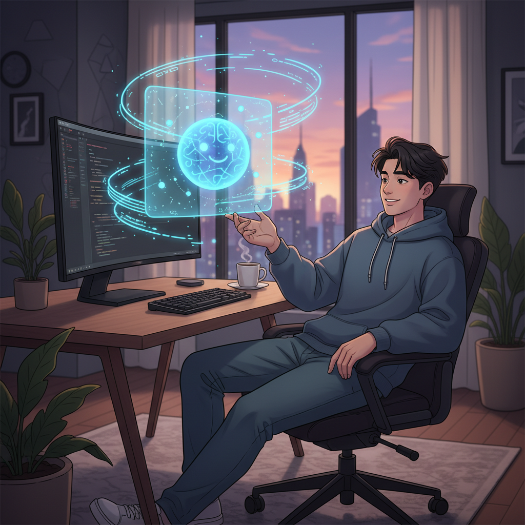 A stylized illustration of a developer at a desk, casually interacting with a holographic AI interface that generates code. The scene conveys a relaxed yet innovative atmosphere, with warm ambient lighting and a subtly textured background. Korean appearance character, no text.