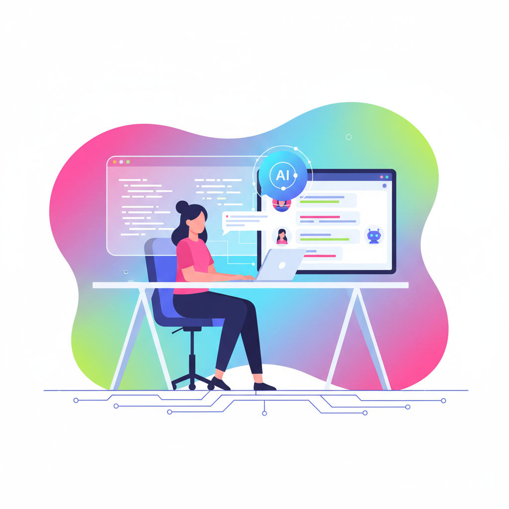 A developer collaborating with an AI assistant in Slack, modern office setting, bright lighting, colored background, clean infographic style, no text