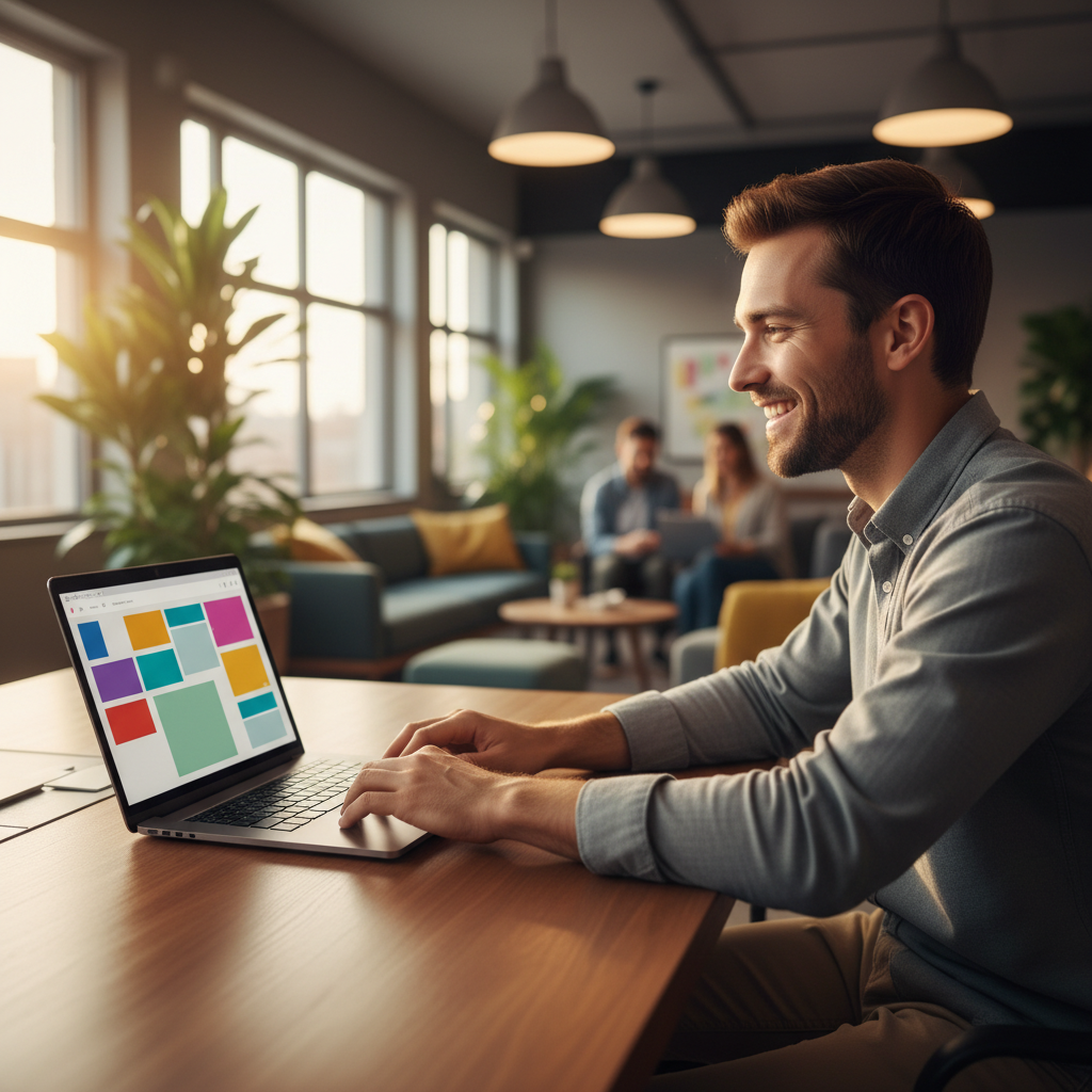 Lifestyle photography, warm lighting, natural setting. A developer smiling, looking at a laptop screen showing various Gutenberg blocks being created easily. The background is a modern office space, bright and inviting. No visible text on screen or in scene.