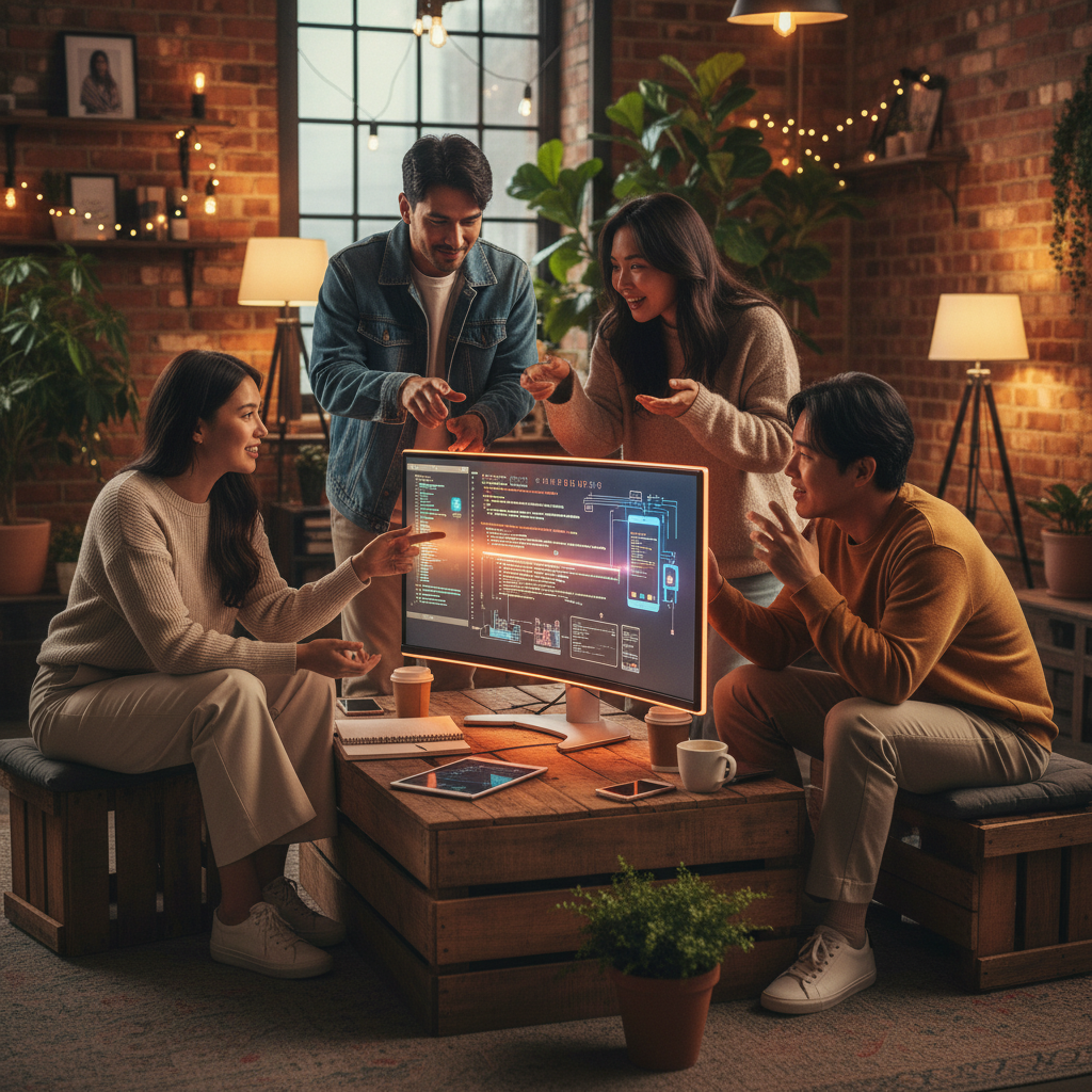 A diverse group of developers collaborating around a glowing screen displaying code and app interfaces, symbolizing the new opportunities in the ChatGPT ecosystem. Lifestyle photography, warm lighting, natural setting, Korean appearance, 1:1 aspect ratio, no text.