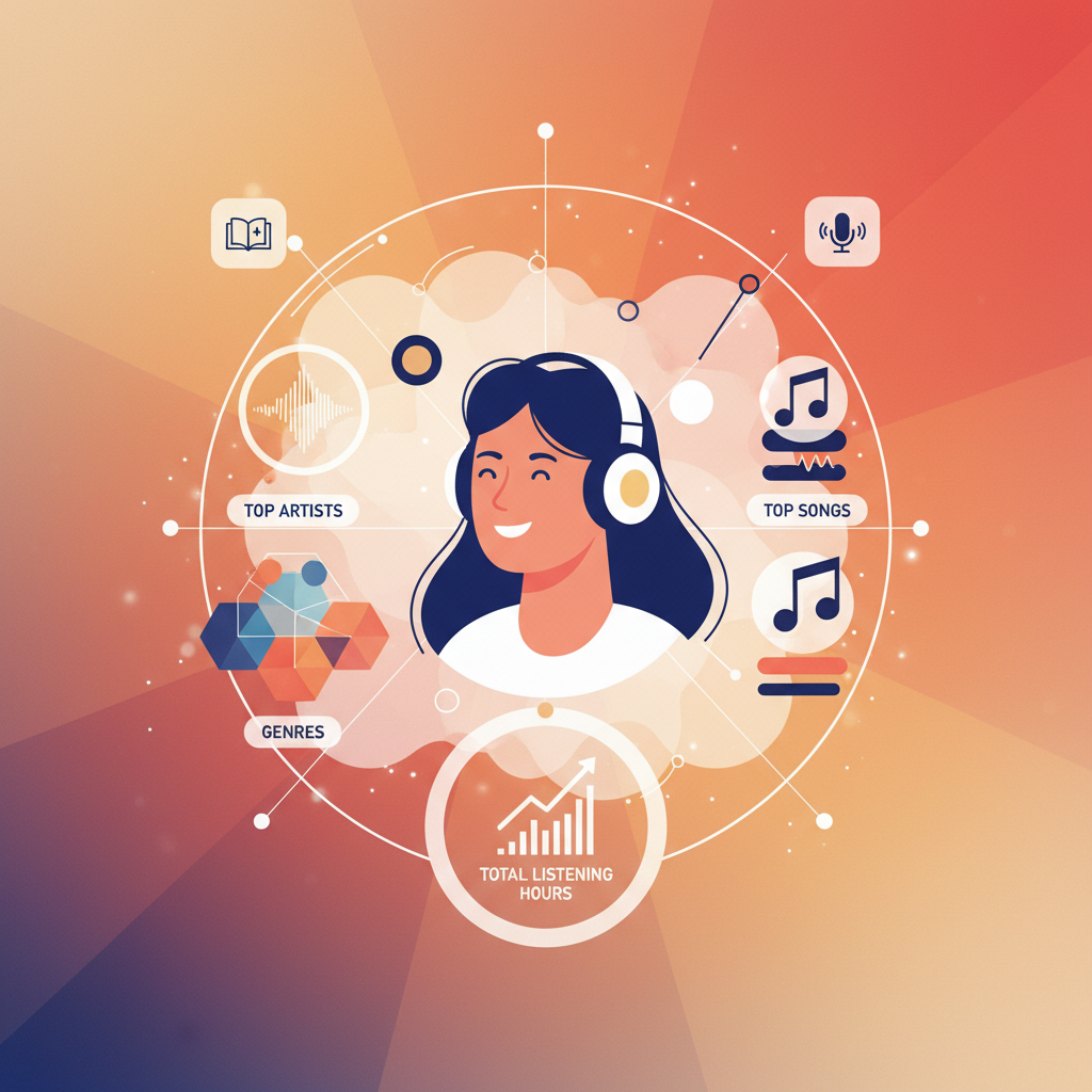 A modern, clean infographic showing a person happily listening to music through headphones, with various personalized data points (top artists, genres, songs, total listening hours) visualized as floating elements around them. Include subtle icons for audiobooks and podcasts. Emphasize personalized journey and data insights. Clean infographic, modern layout, high contrast. Textured background with warm colors. No text.