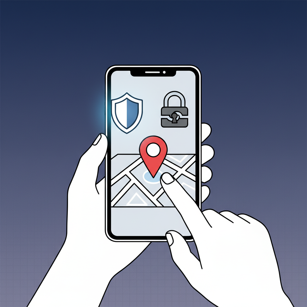 A clean infographic showing a smartphone screen with a map and location pin, overlaid with privacy icons like a shield and a lock. The style is modern, high contrast infographic on a textured gradient background. No visible text, no graphs or data visualization. Korean appearance hands interacting with the phone.